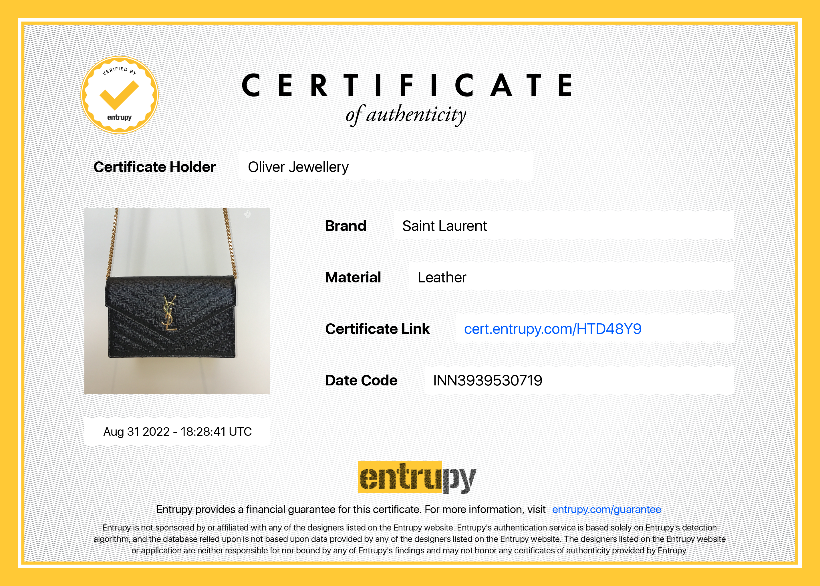 Saint Laurent Cassandre Envelope Chain Wallet w/ Box