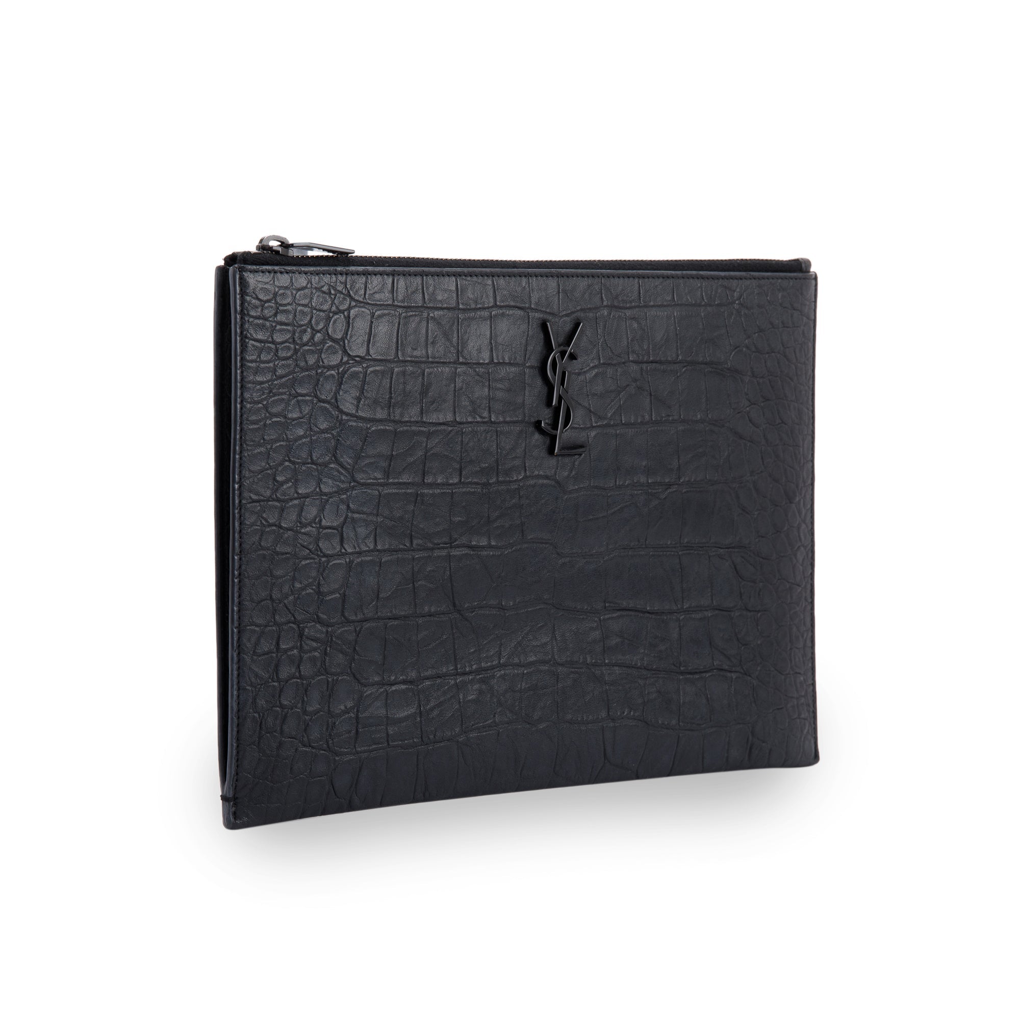 Saint Laurent Croc Embossed Monogram Zip Pouch w/ Box