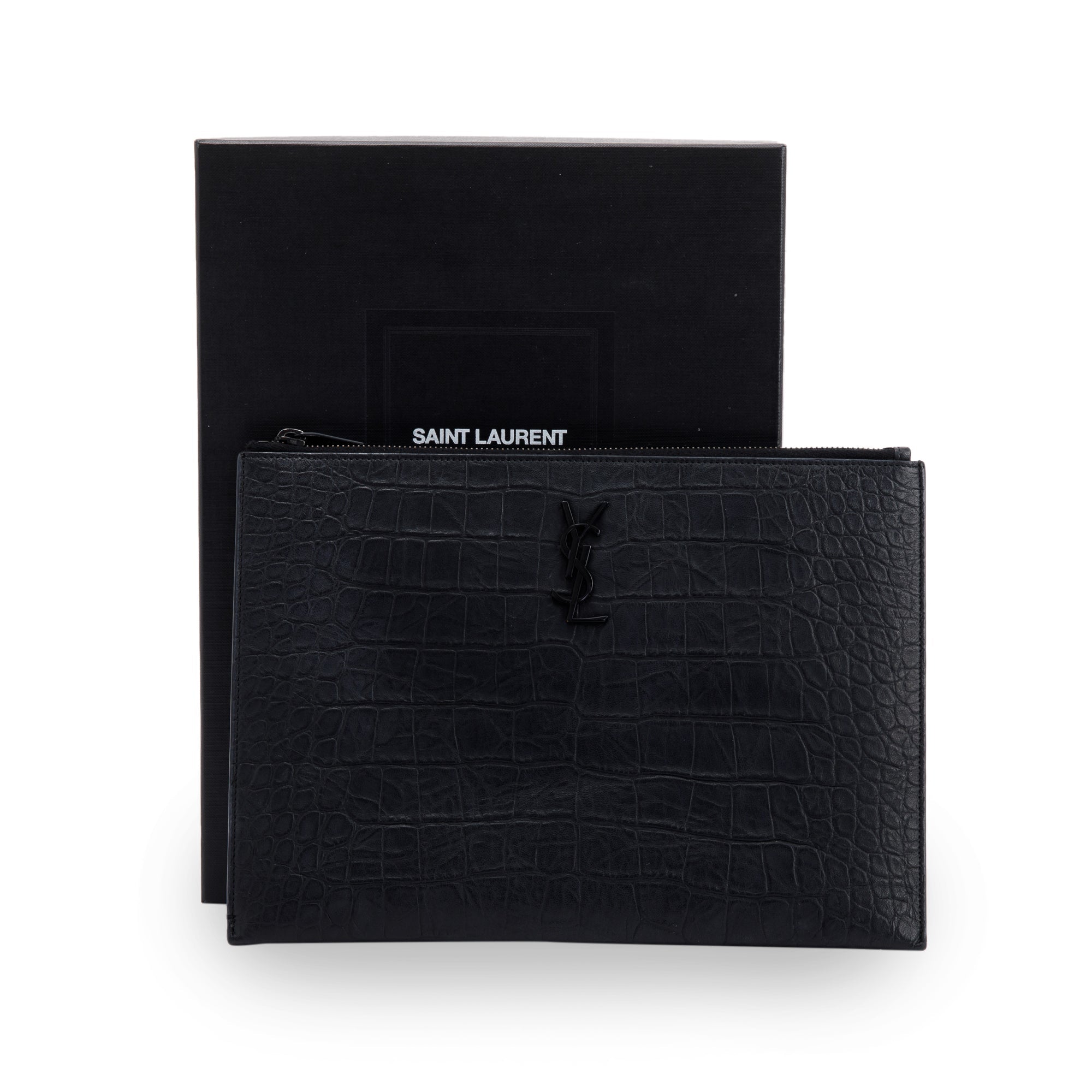 Saint Laurent Croc Embossed Monogram Zip Pouch w/ Box