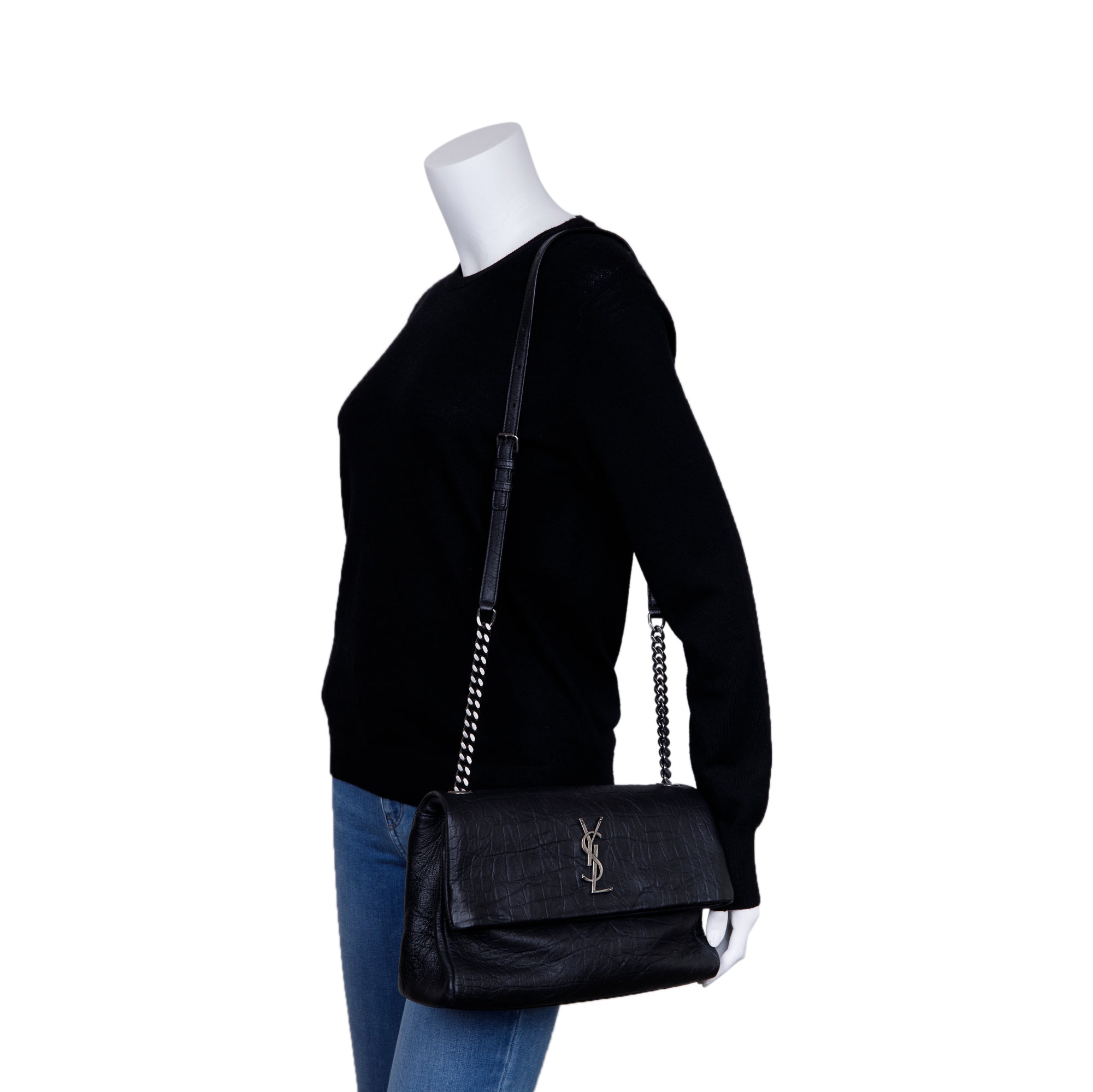 Saint Laurent Crocodile Embossed Medium Monogram West Hollywood Fold-Over Bag