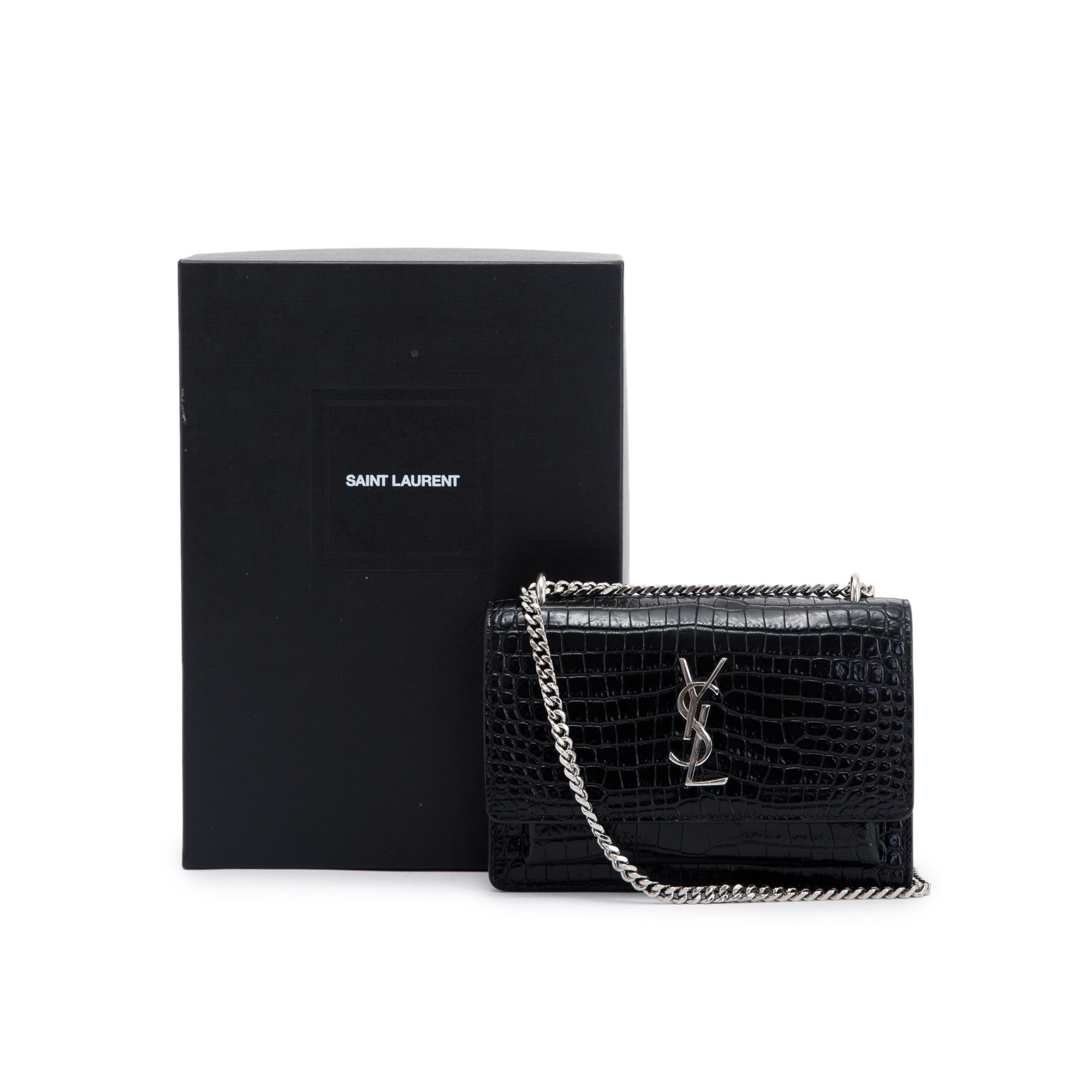 Saint Laurent Crocodile Embossed Sunset Chain Wallet w/ Box