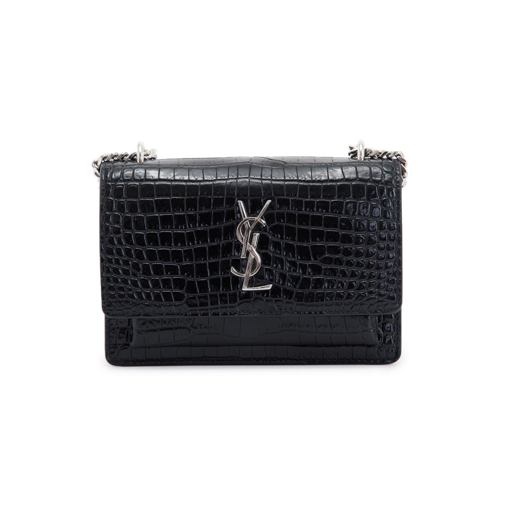 Saint Laurent Crocodile Embossed Sunset Chain Wallet w/ Box