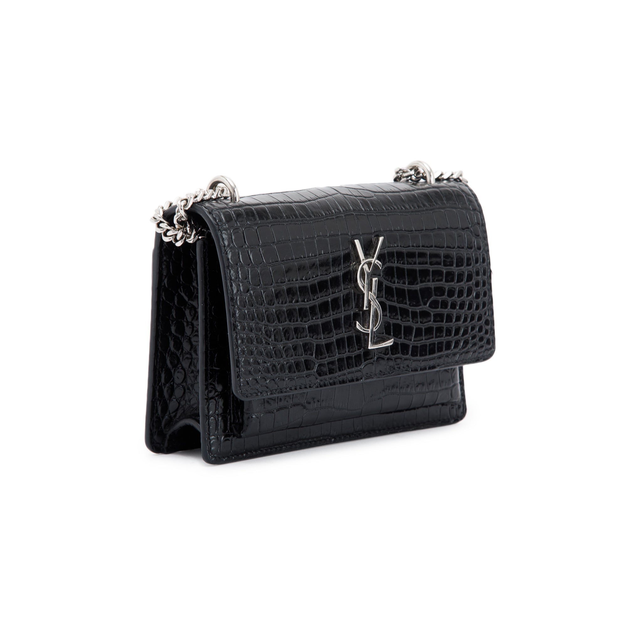 Saint Laurent Crocodile Embossed Sunset Chain Wallet w/ Box