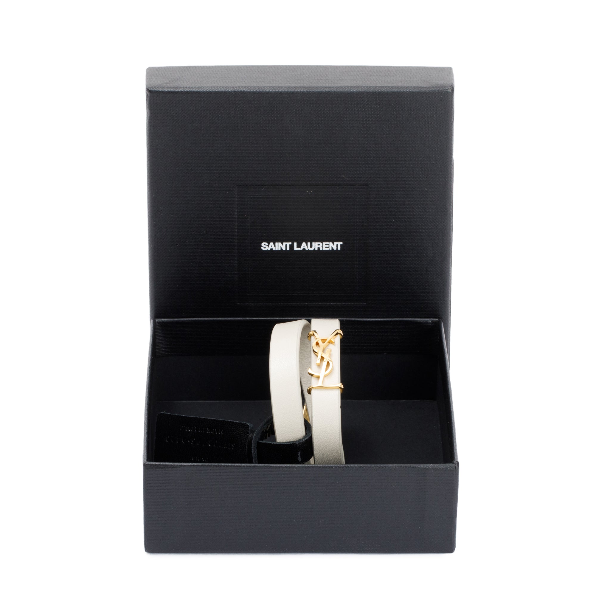 Saint Laurent Gold-Tone Metal Opyum Double Wrap White Vintage Leather Bracelet w/ Box