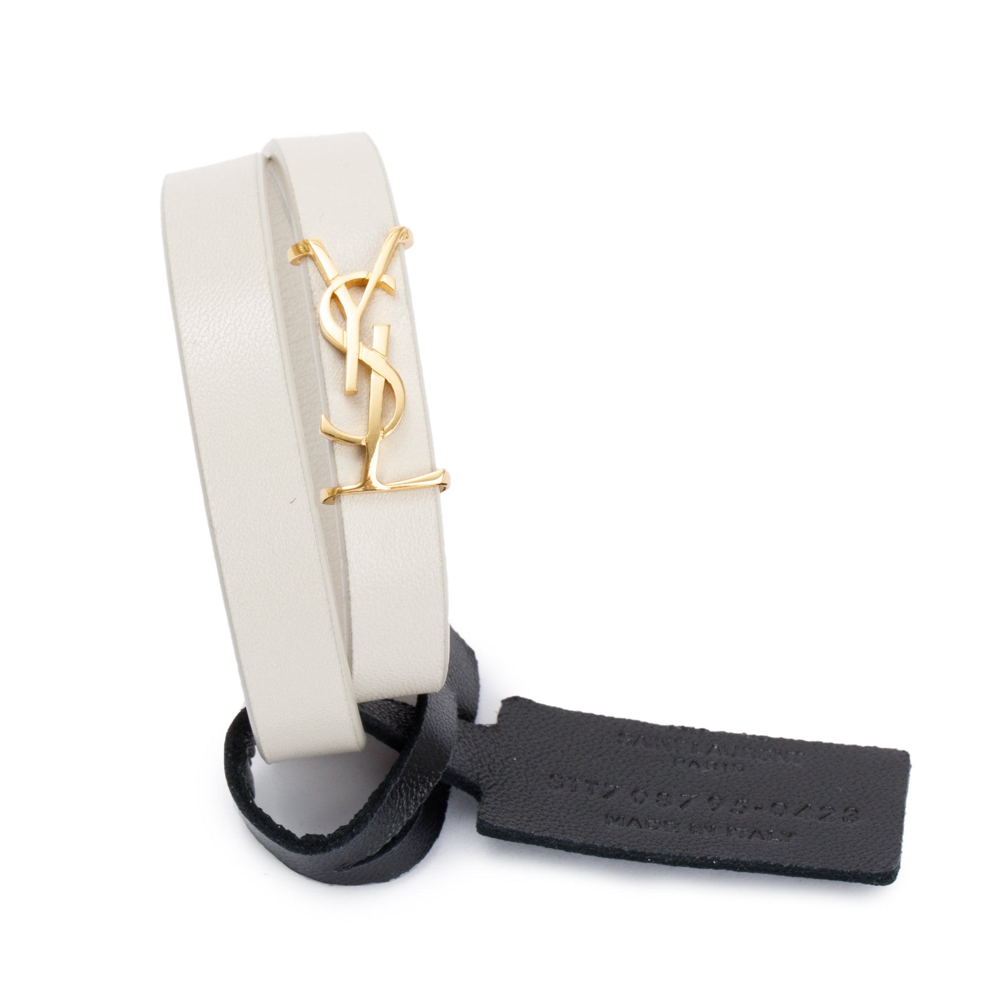 Saint Laurent Gold-Tone Metal Opyum Double Wrap White Vintage Leather Bracelet w/ Box