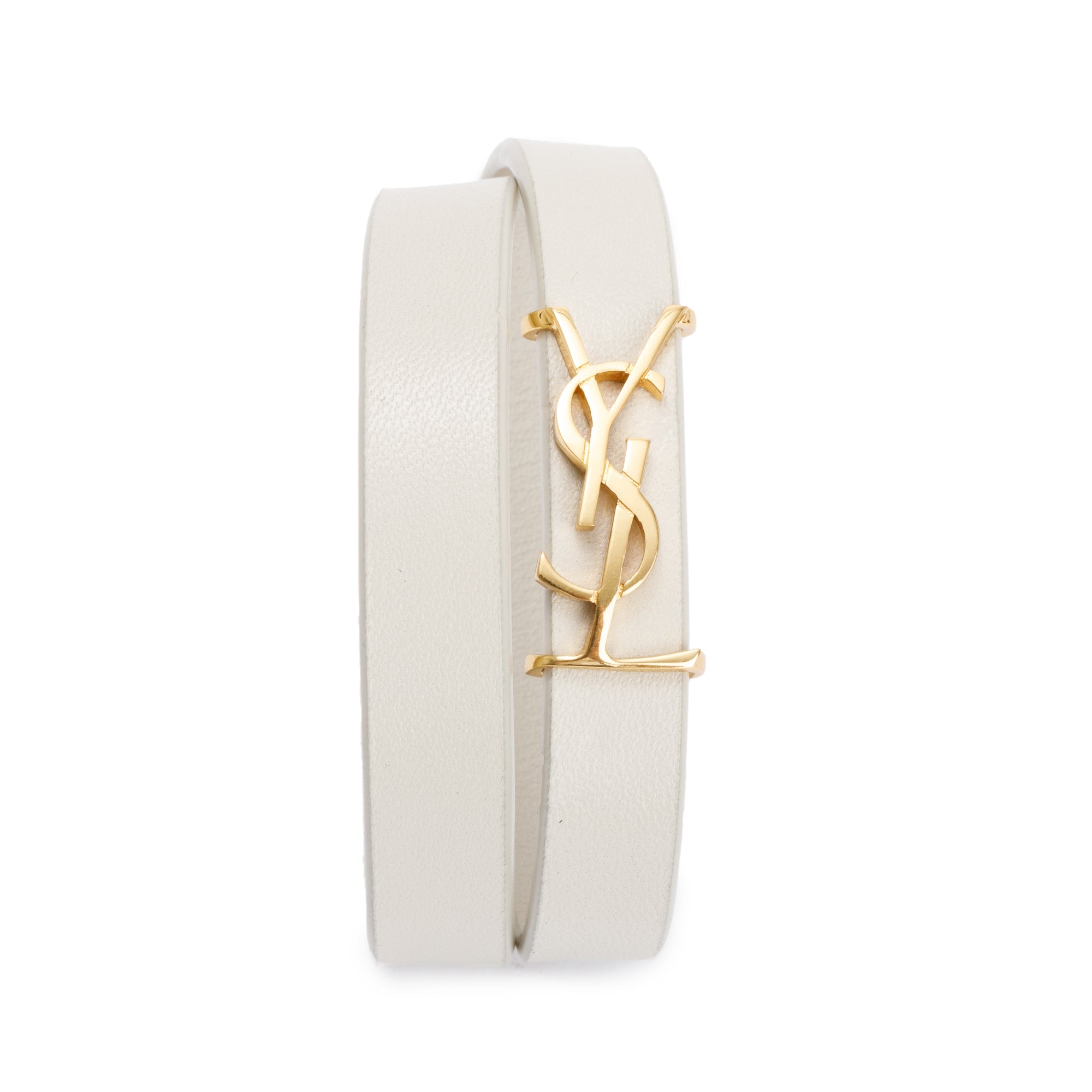 Saint Laurent Gold-Tone Metal Opyum Double Wrap White Vintage Leather Bracelet w/ Box