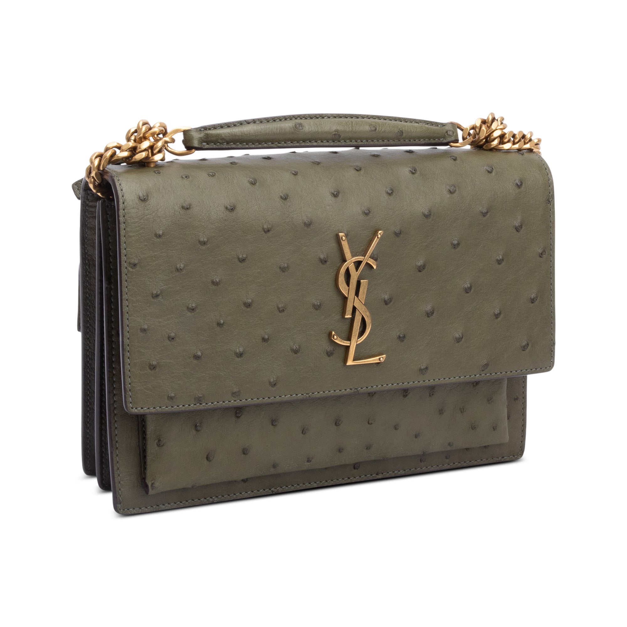 Saint Laurent Green Ostrich Medium Sunset Shoulder Bag