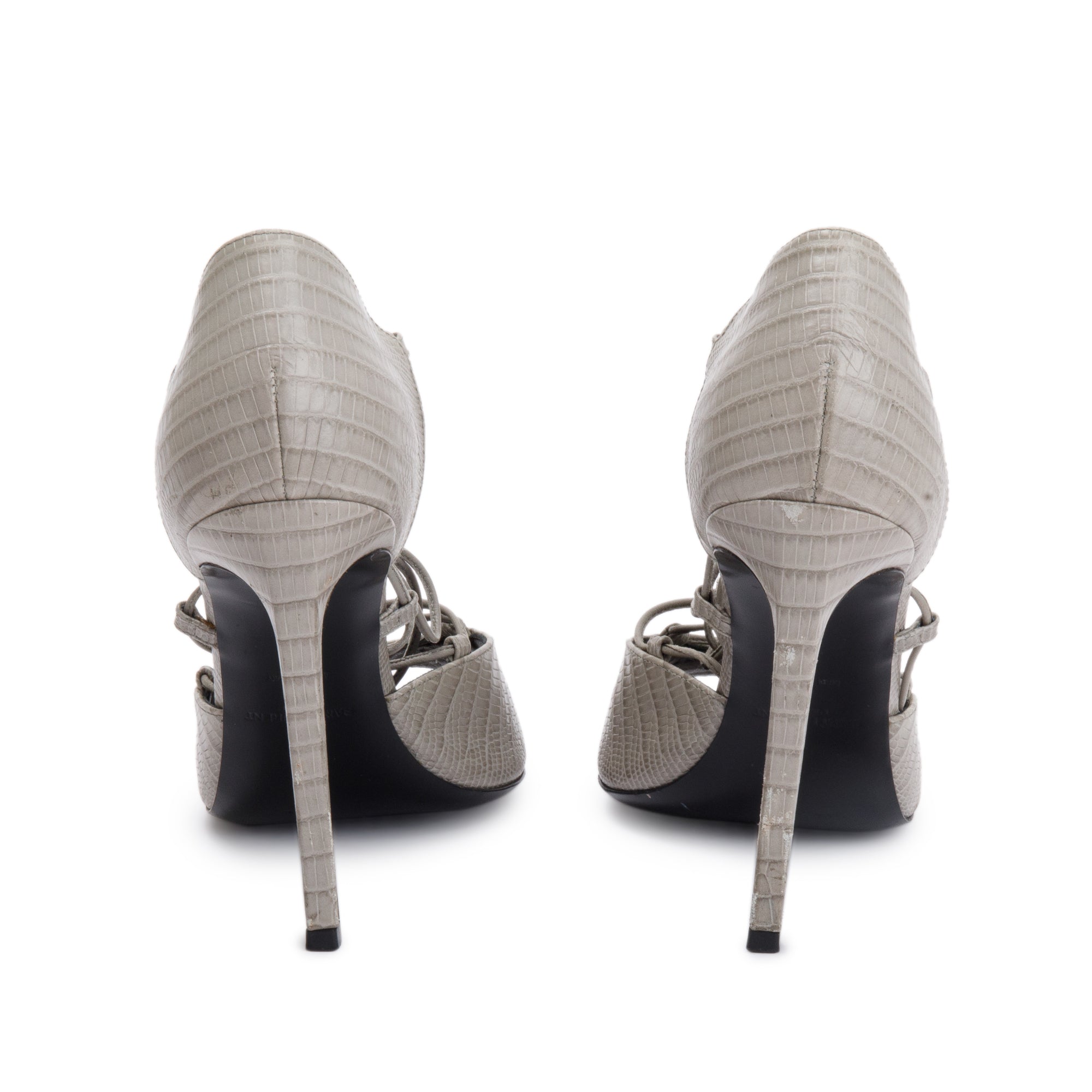 Saint Laurent Grey Croc Embossed Leather Jane Lace Up Sandals, Size 38 w/ Box