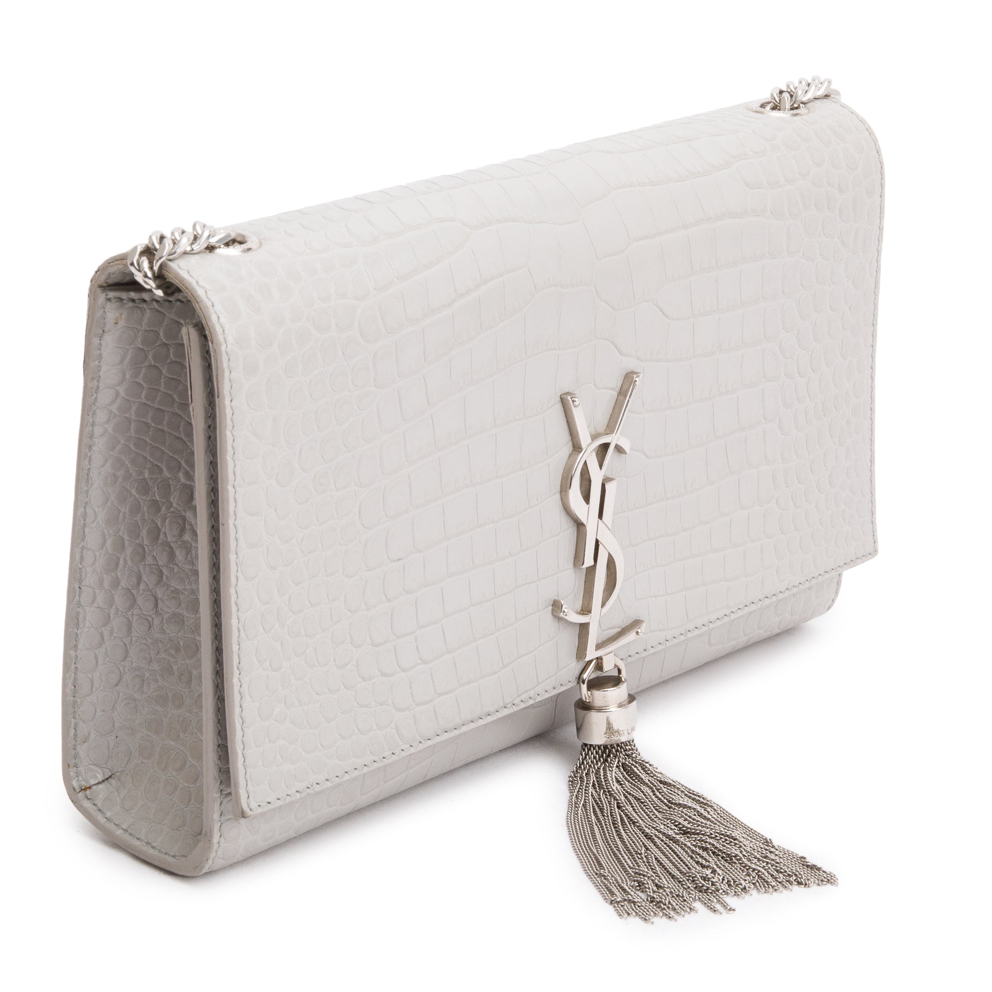 Saint Laurent Grey Crocodile-Embossed Leather Medium Classic Monogram Kate Tassel Chain Bag