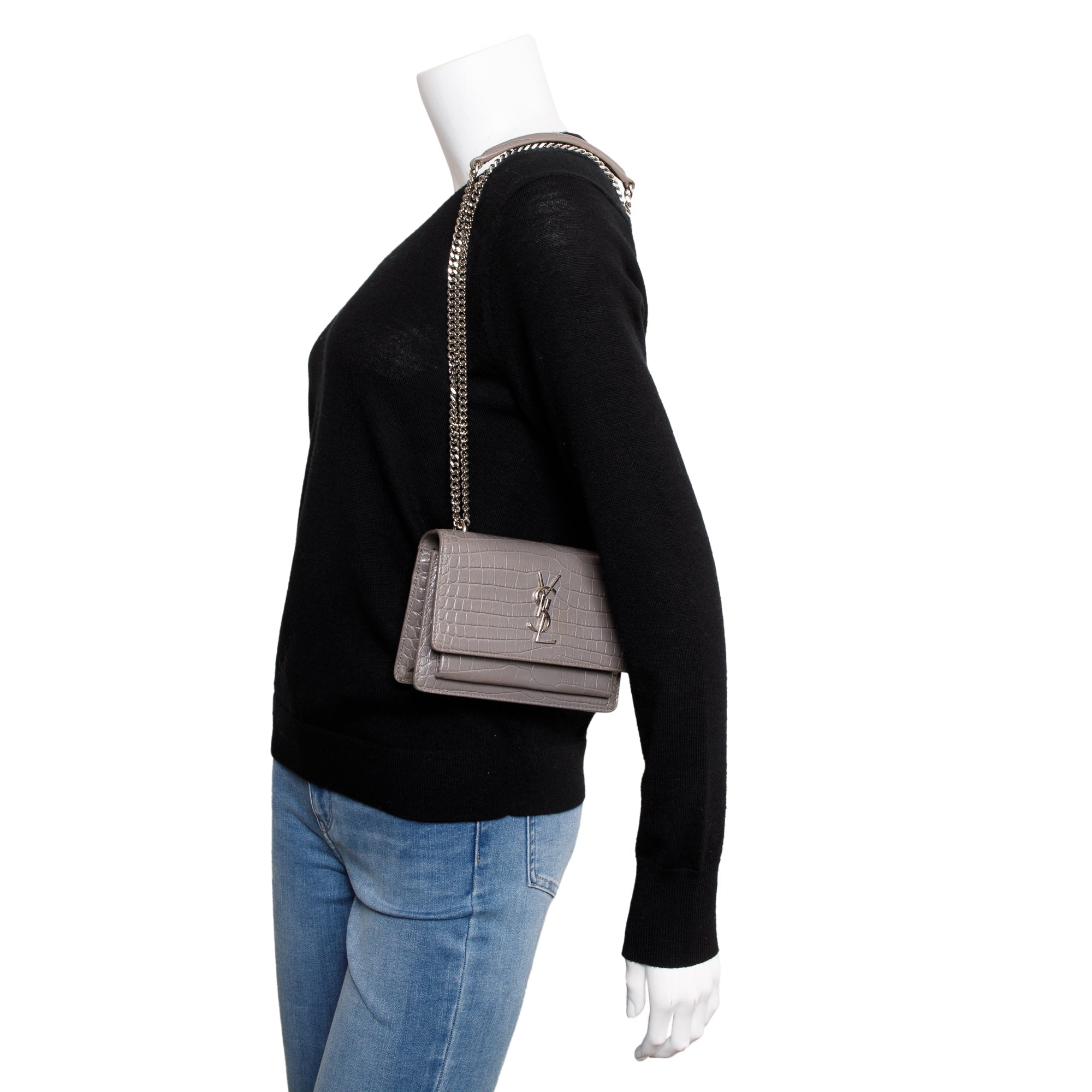 Saint Laurent Grey Crocodile Embossed Sunset Chain Wallet