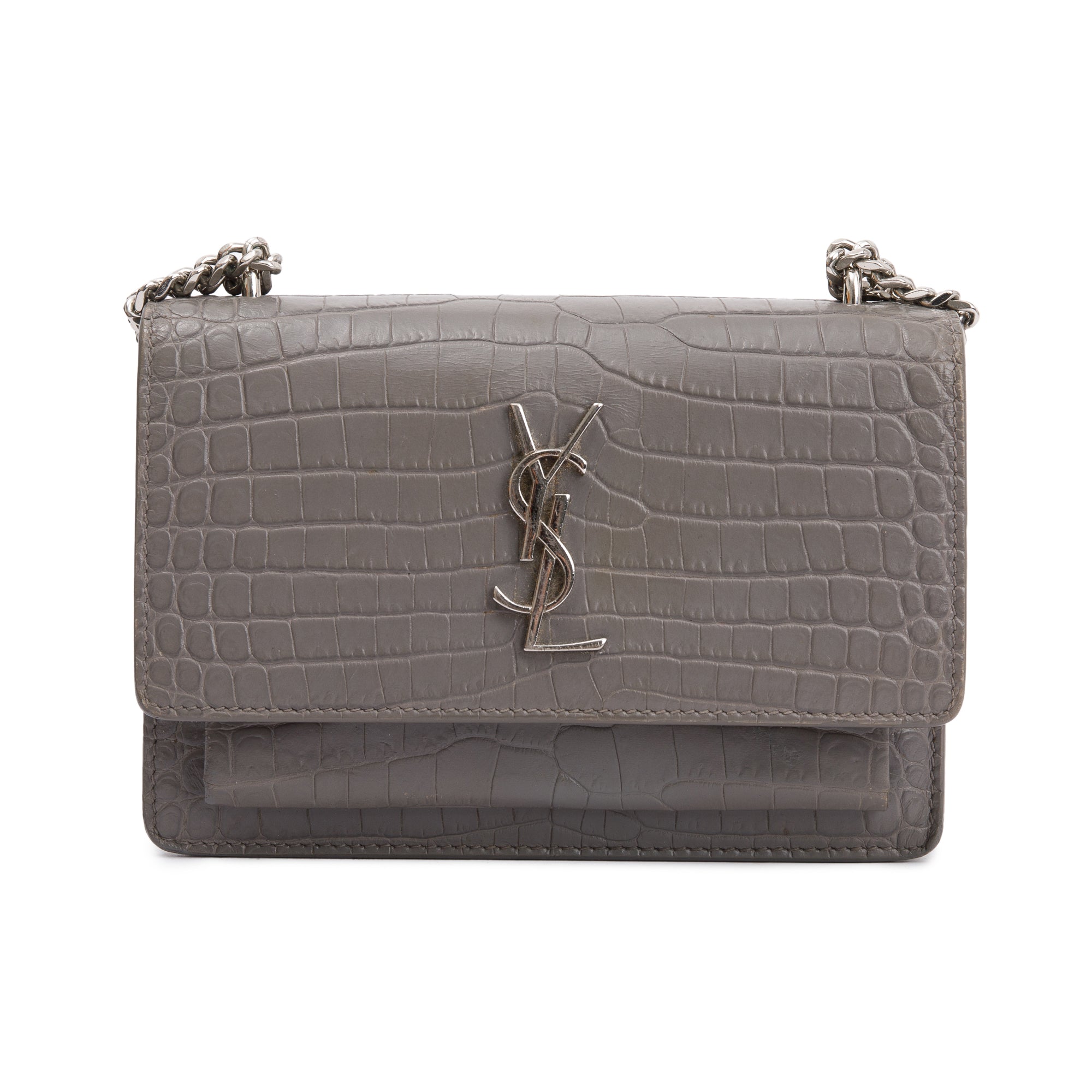 Saint Laurent Grey Crocodile Embossed Sunset Chain Wallet