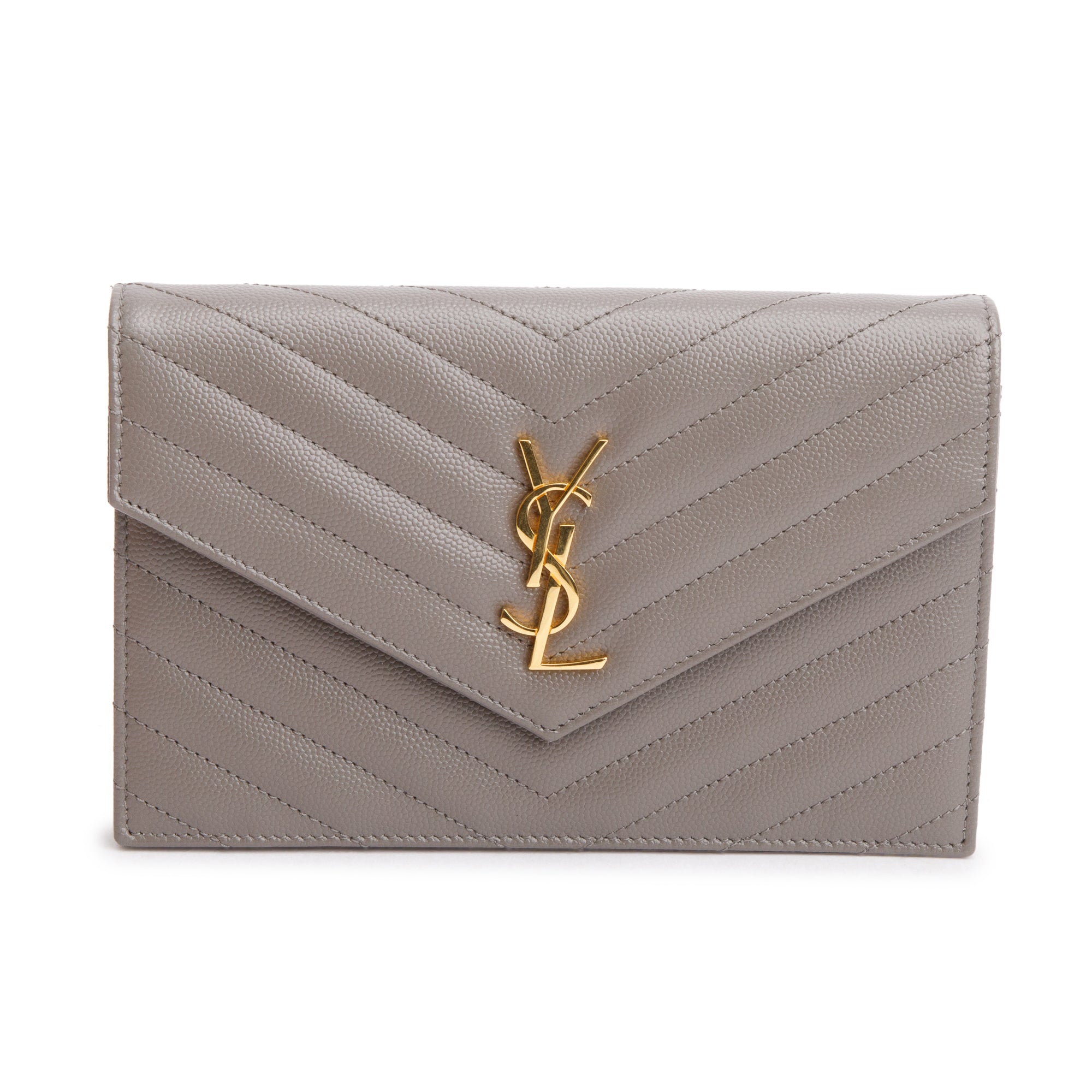 Saint Laurent Grey Grain De Poudre Leather Cassandre Envelope Chain Wallet w/ Box