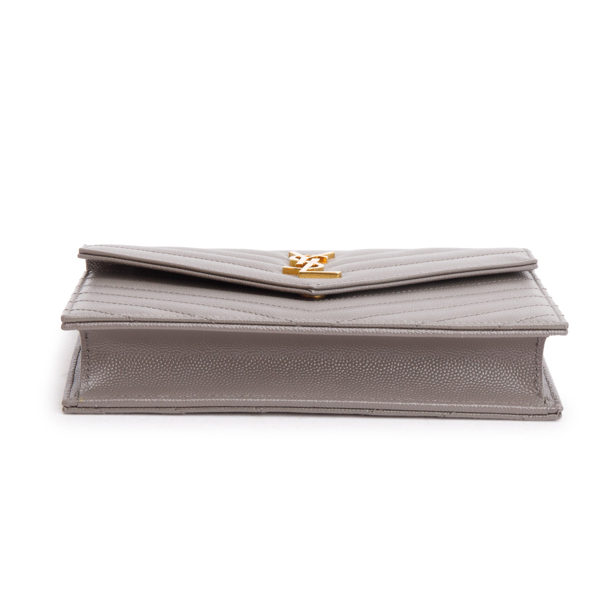 Saint Laurent Grey Grain De Poudre Leather Cassandre Envelope Chain Wallet w/ Box