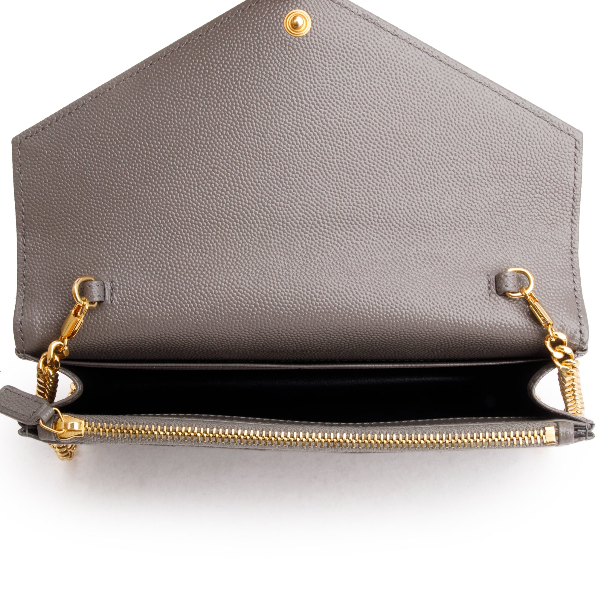 Saint Laurent Grey Grain De Poudre Leather Cassandre Envelope Chain Wallet w/ Box