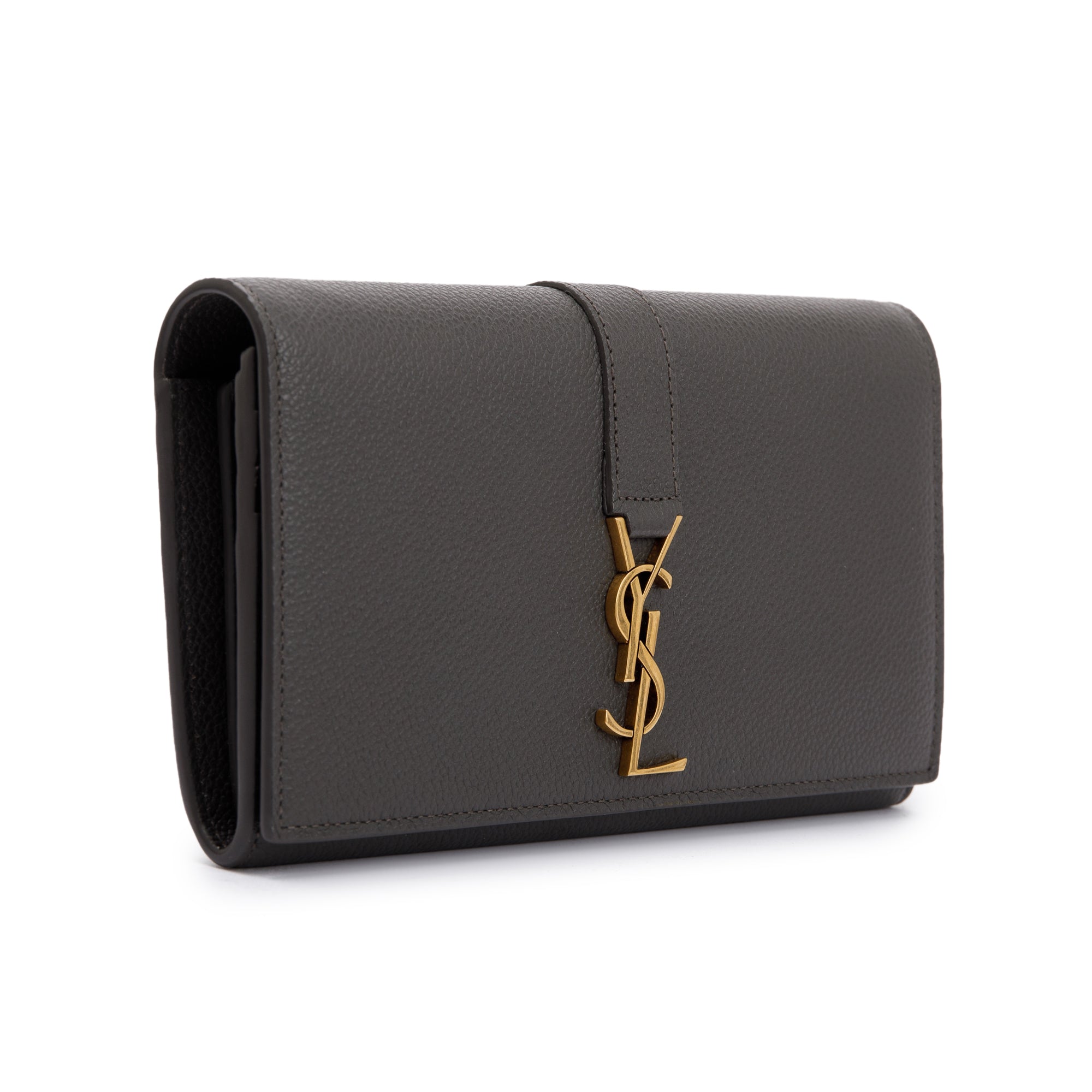 Saint Laurent Grey Grained Leather Large Flap Wallet w/ Box