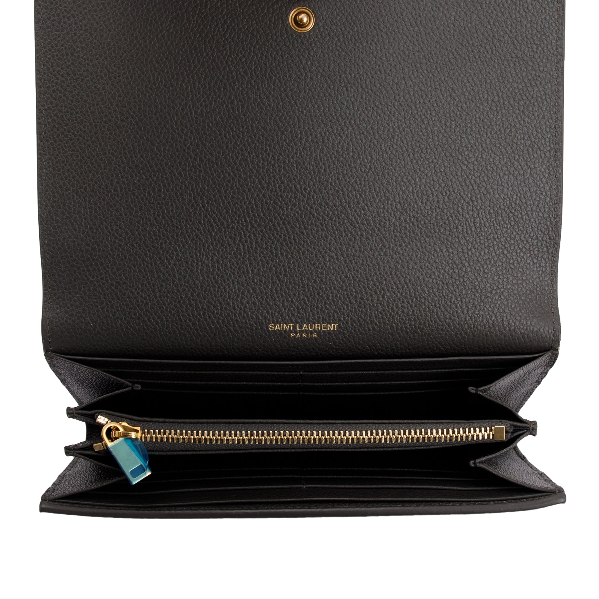 Saint Laurent Grey Grained Leather Large Flap Wallet w/ Box