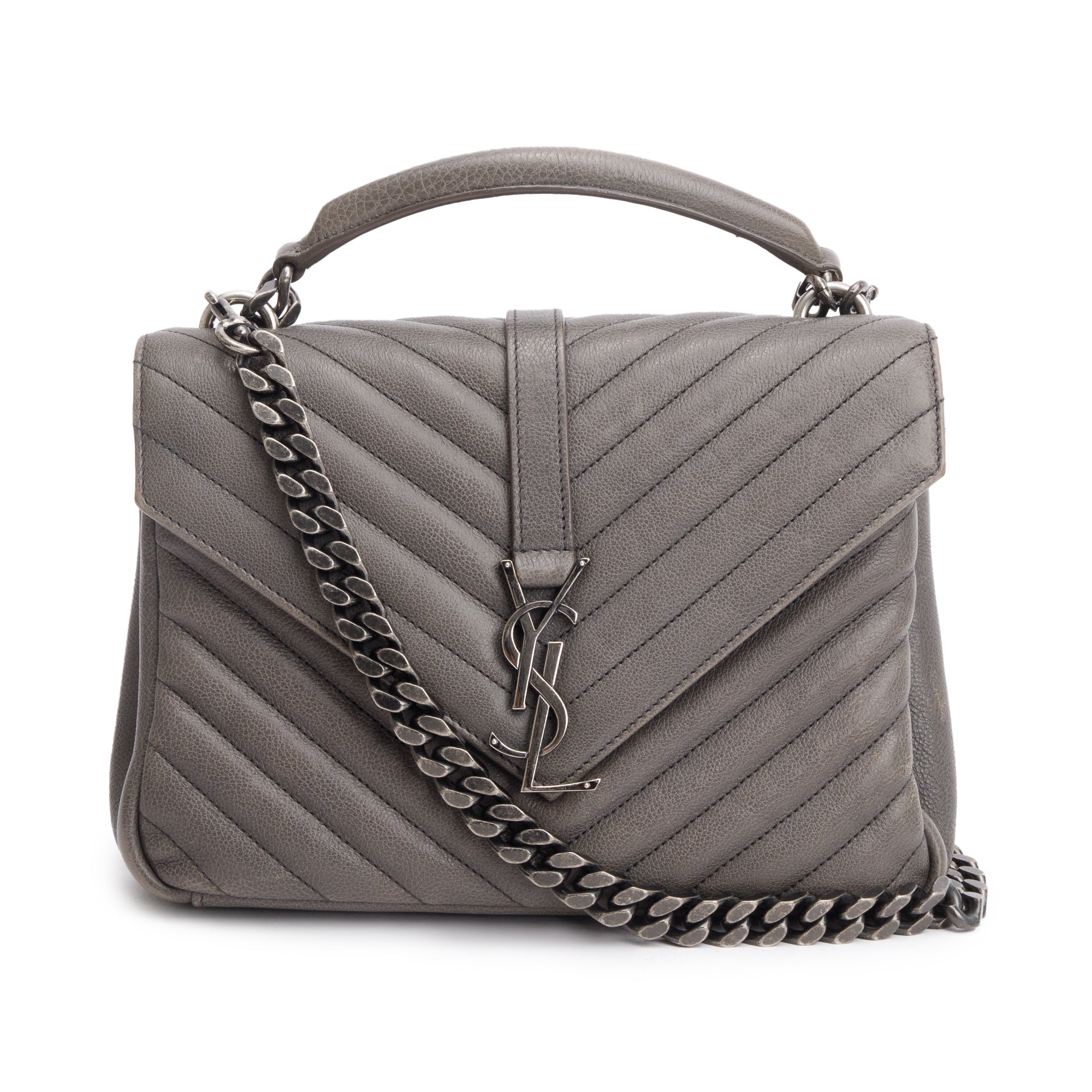 Saint Laurent Grey Leather Medium Chevron College Bag w/ Box