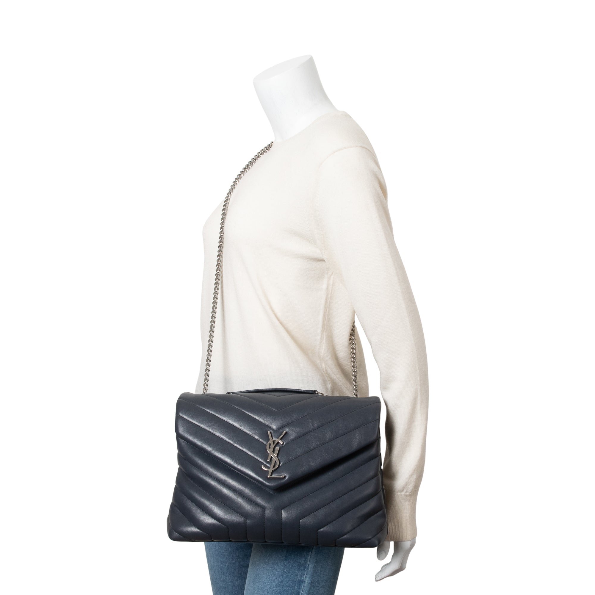 Saint Laurent Grey Quilted Leather Medium Loulou Monogram Shoulder Bag