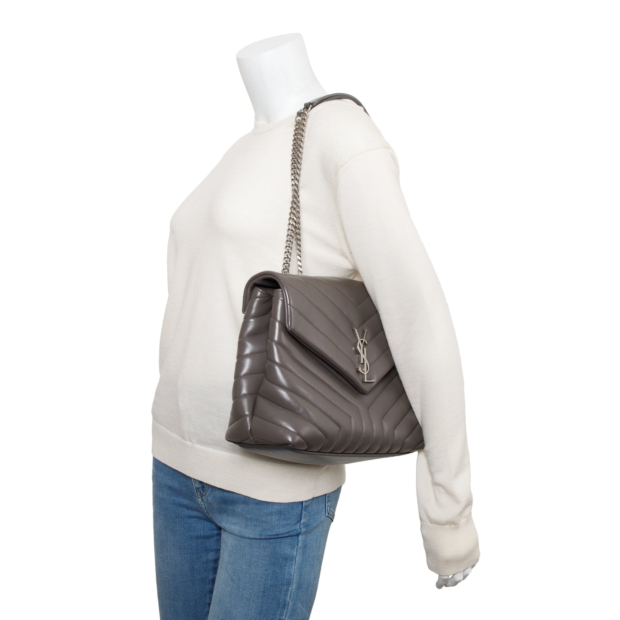 Saint Laurent Grey Quilted Leather Medium Loulou Monogram Shoulder Bag w/ Receipt