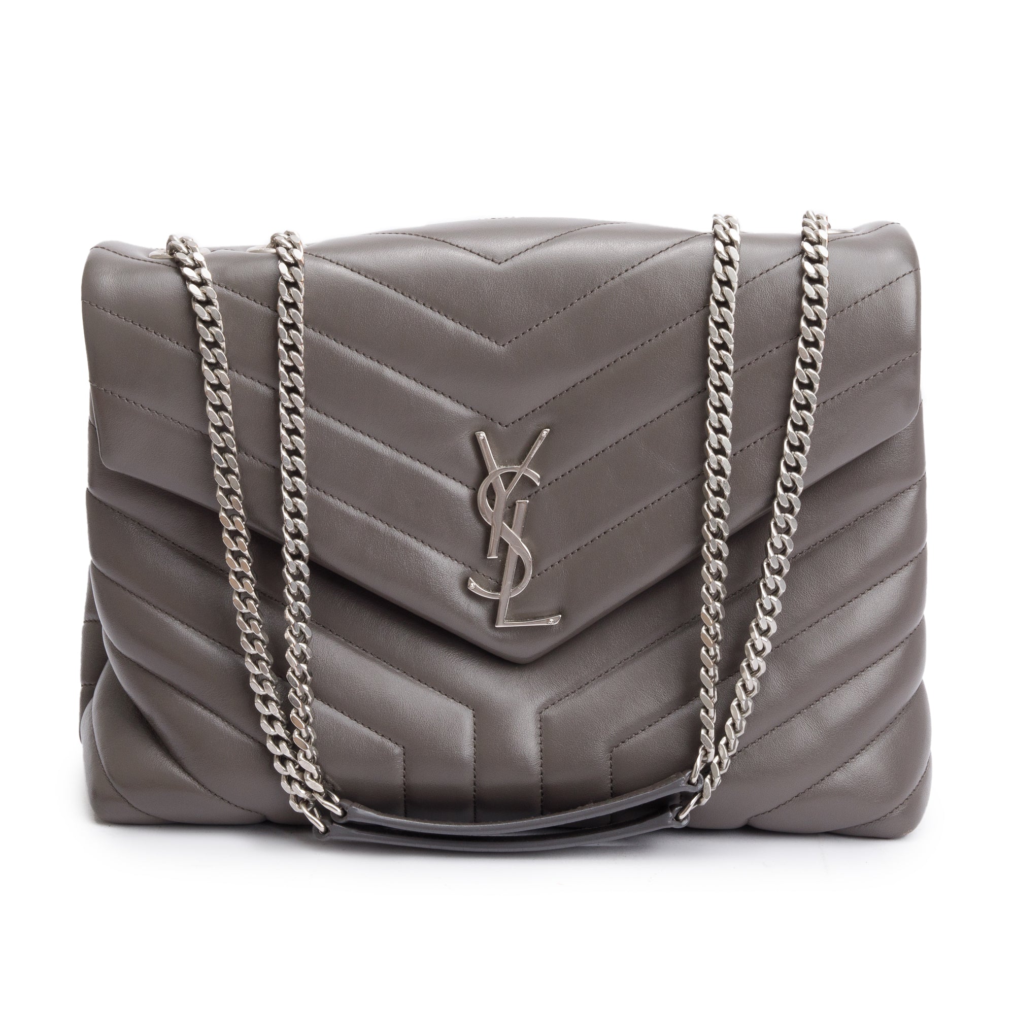 Saint Laurent Grey Quilted Leather Medium Loulou Monogram Shoulder Bag w/ Receipt