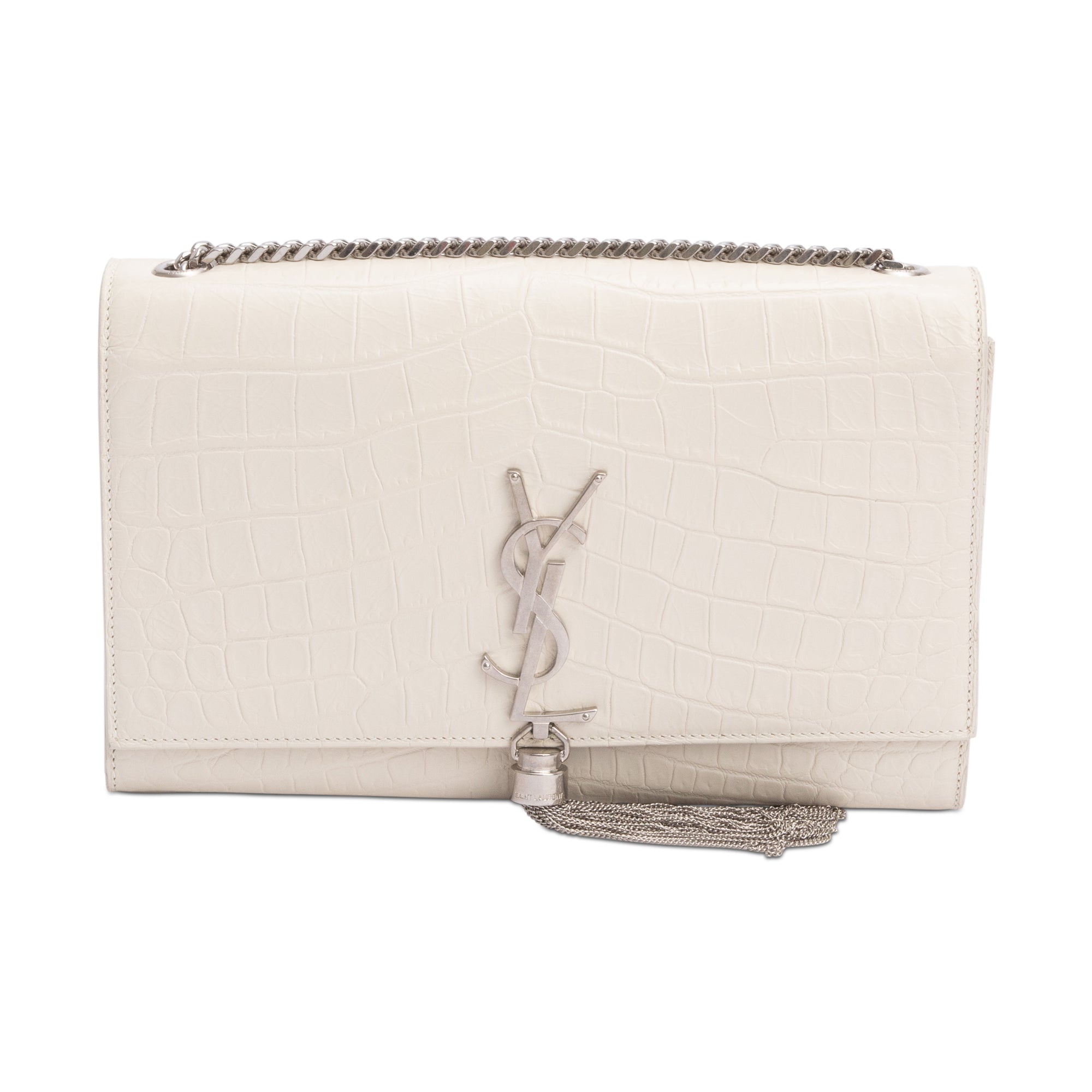 Saint Laurent Ivory Crocodile-Embossed Leather Medium Classic Monogram Kate Tassel Chain Bag