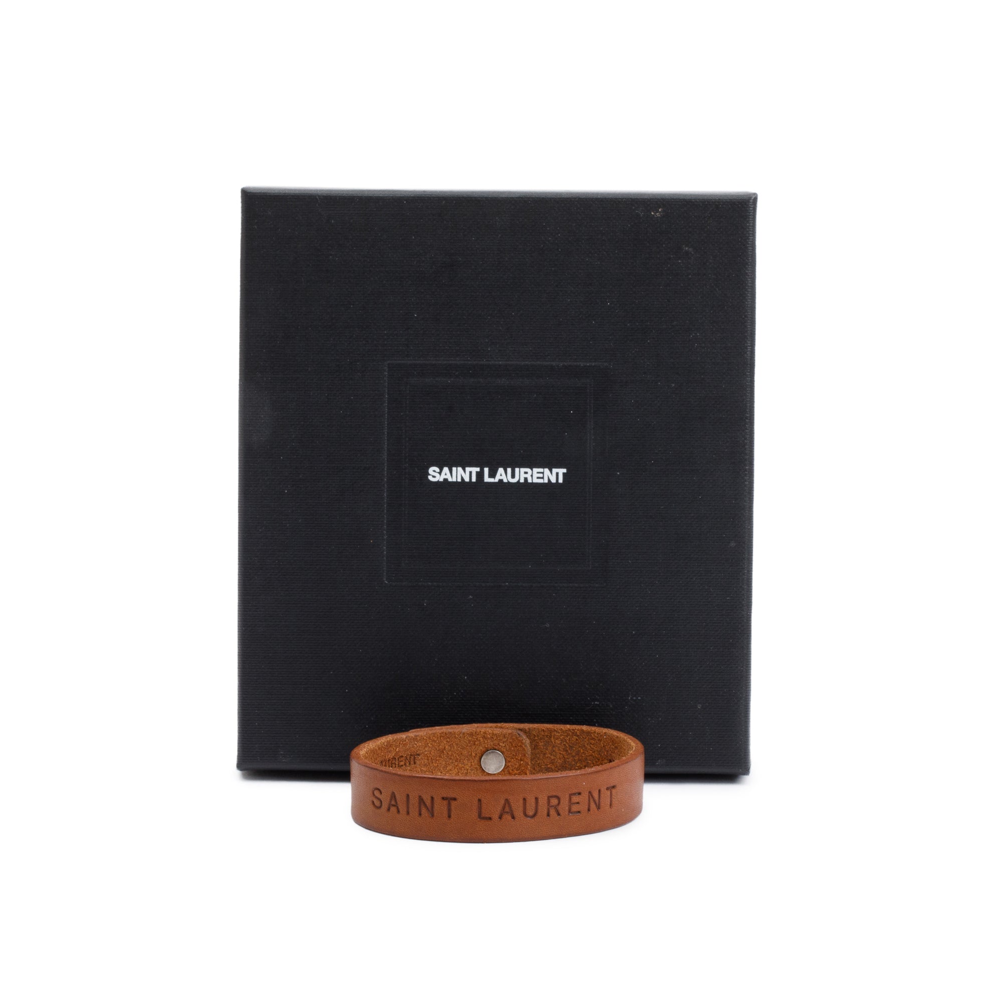 Saint Laurent Logo-Embossed Brown Leather Bracelet w/ Box