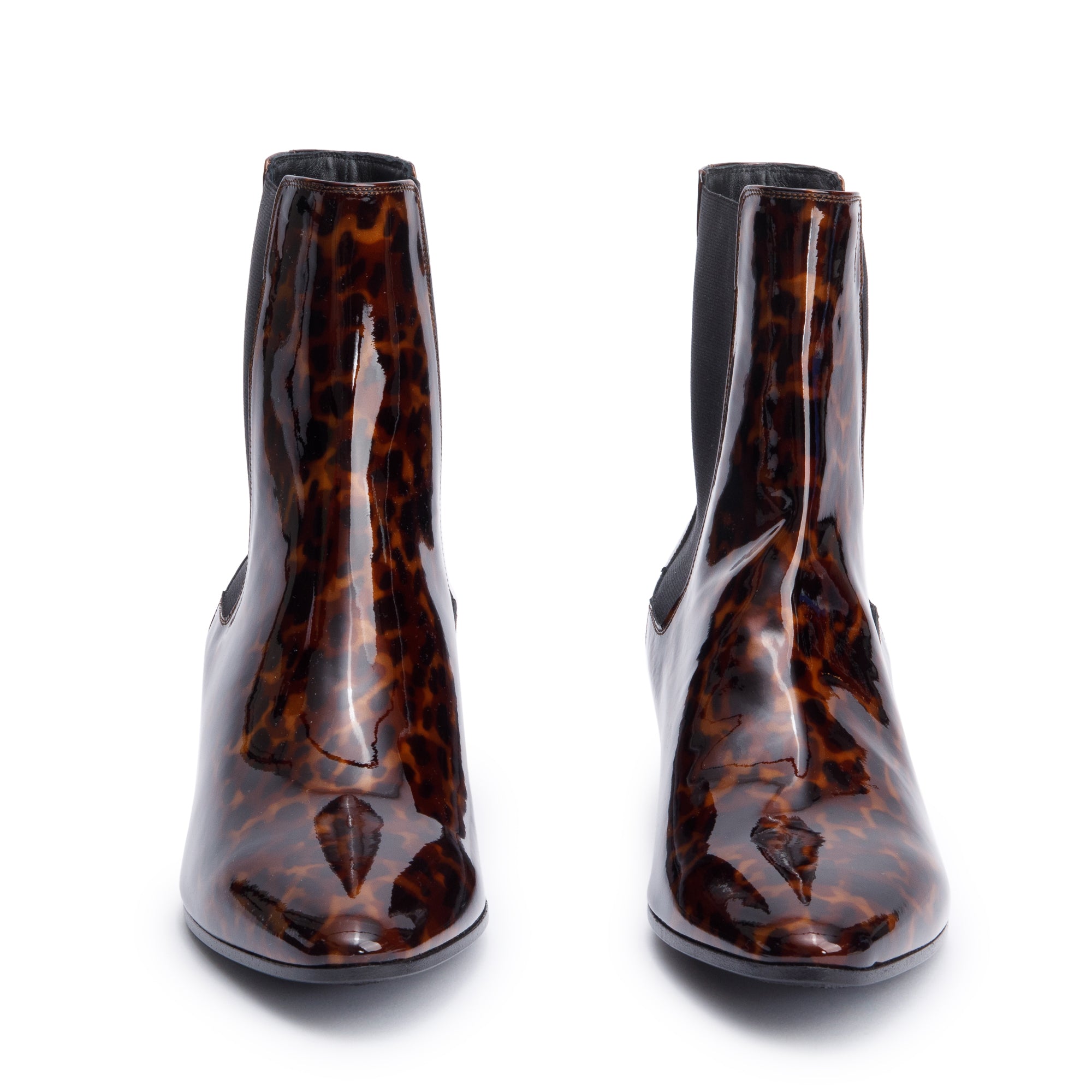Saint Laurent Manto Naturale Patent Tartaruga Leather West 45 Chelsea Boots, Size 40.5 w/ Box