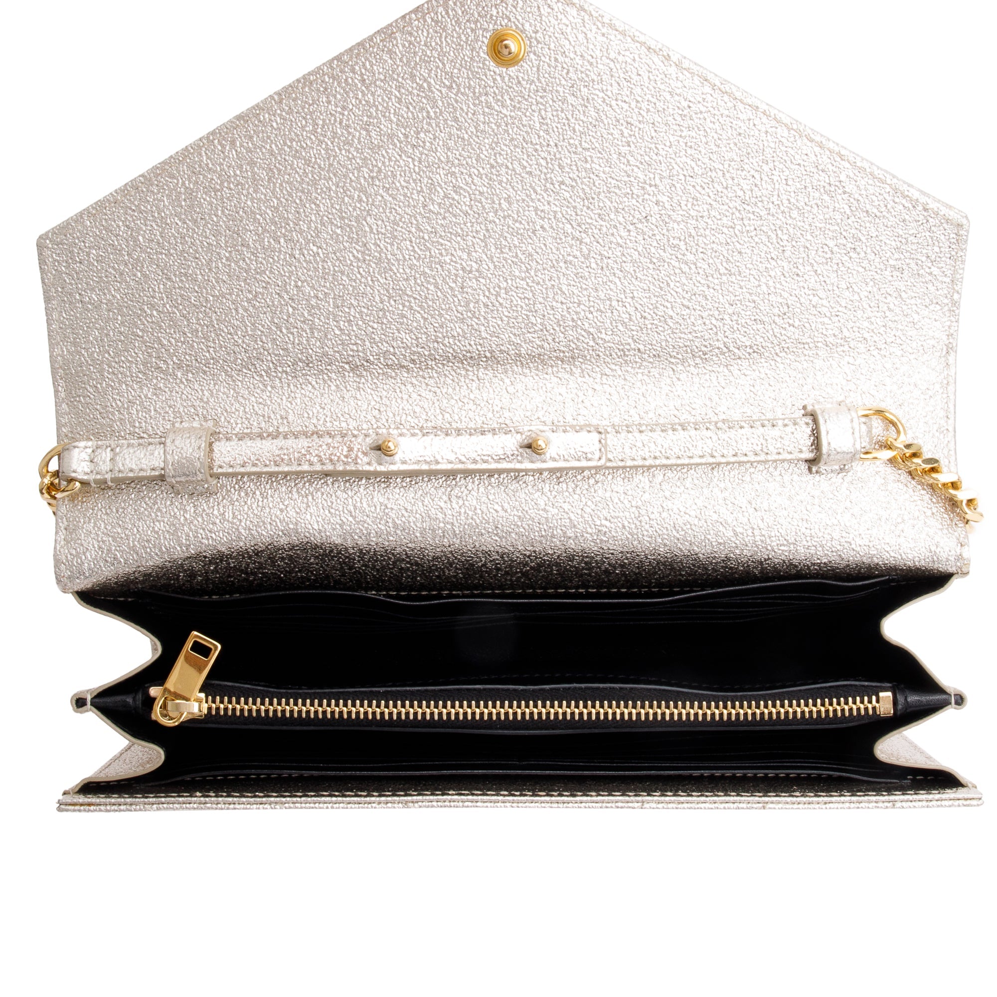 Saint Laurent Metallic Gold Grain De Poudre Leather Cassandre Matelasse Chain Wallet w/ Box