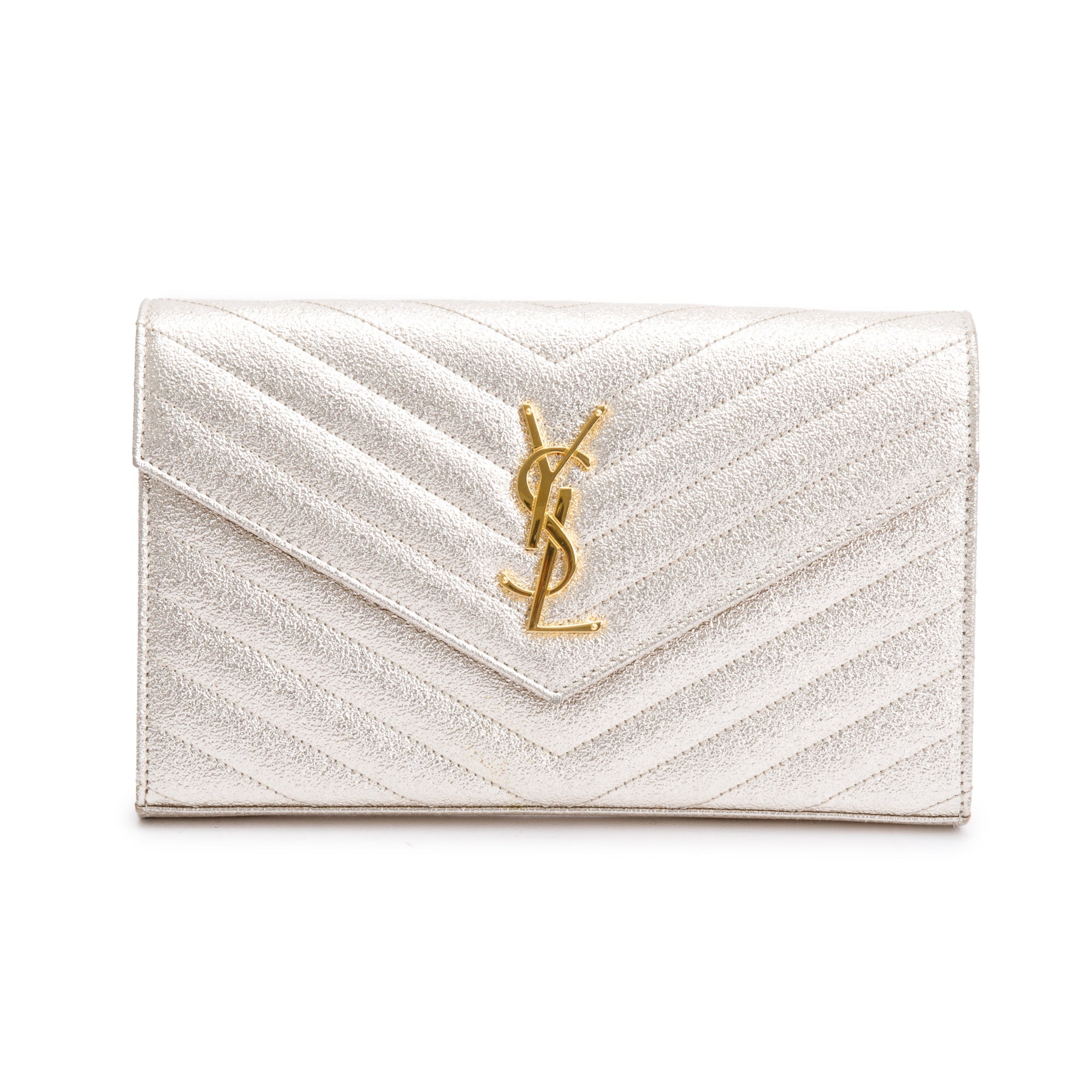 Saint Laurent Metallic Gold Grain De Poudre Leather Cassandre Matelasse Chain Wallet w/ Box