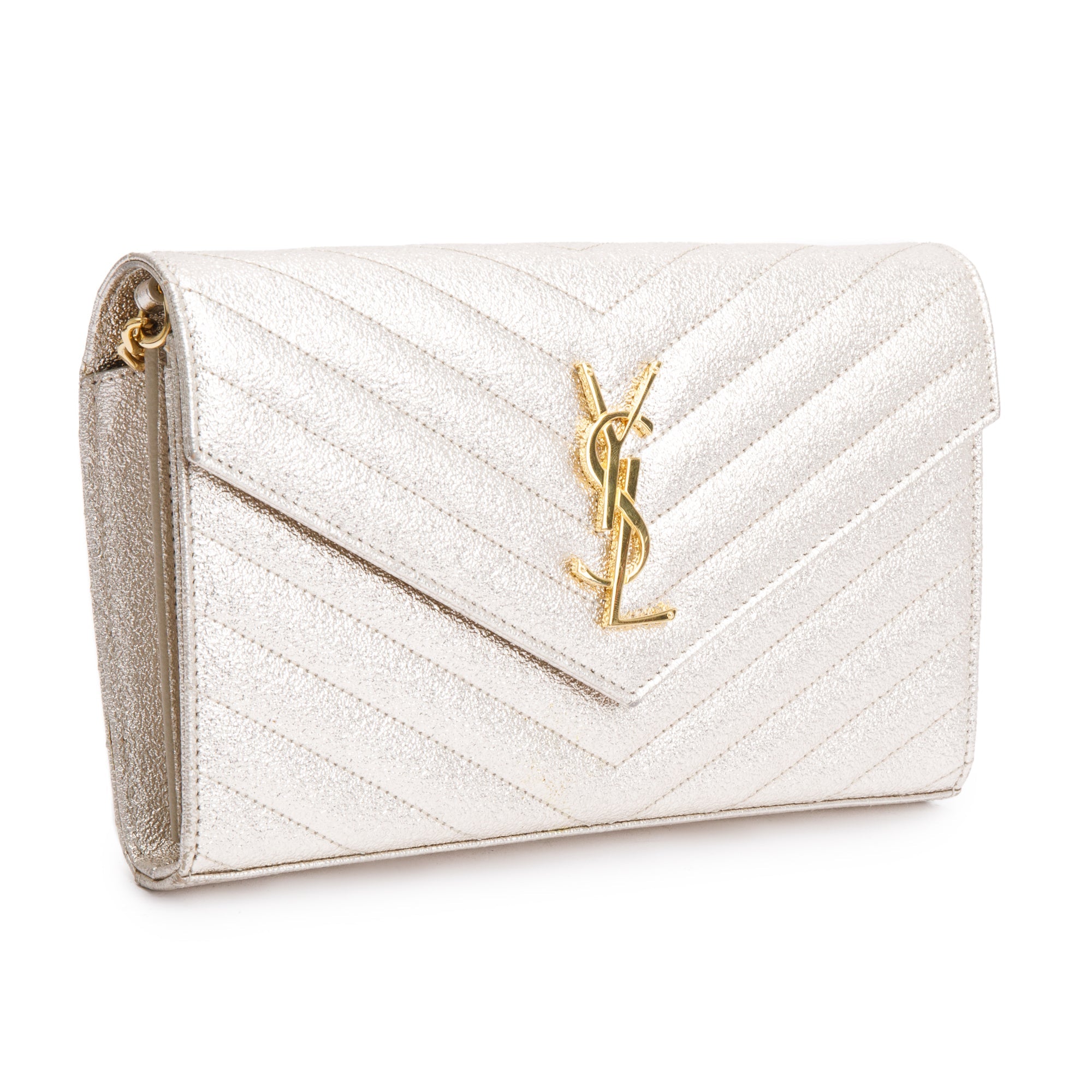 Saint Laurent Metallic Gold Grain De Poudre Leather Cassandre Matelasse Chain Wallet w/ Box