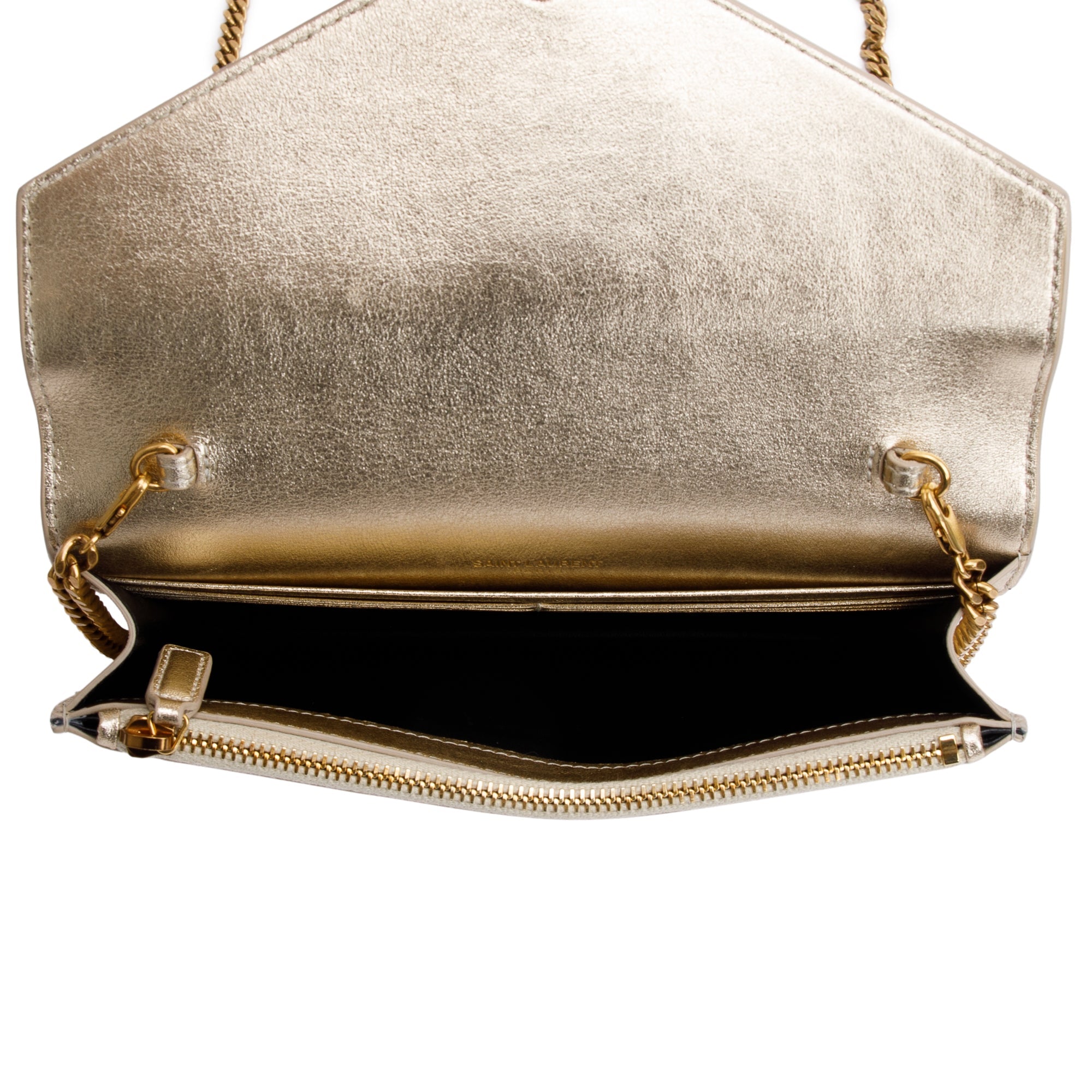 Saint Laurent Metallic Gold Leather Cassandre Envelope Chain Wallet