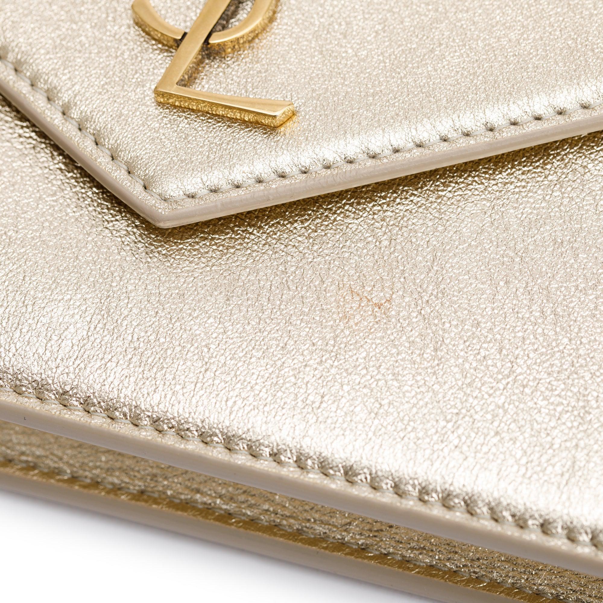 Saint Laurent Metallic Gold Leather Cassandre Envelope Chain Wallet
