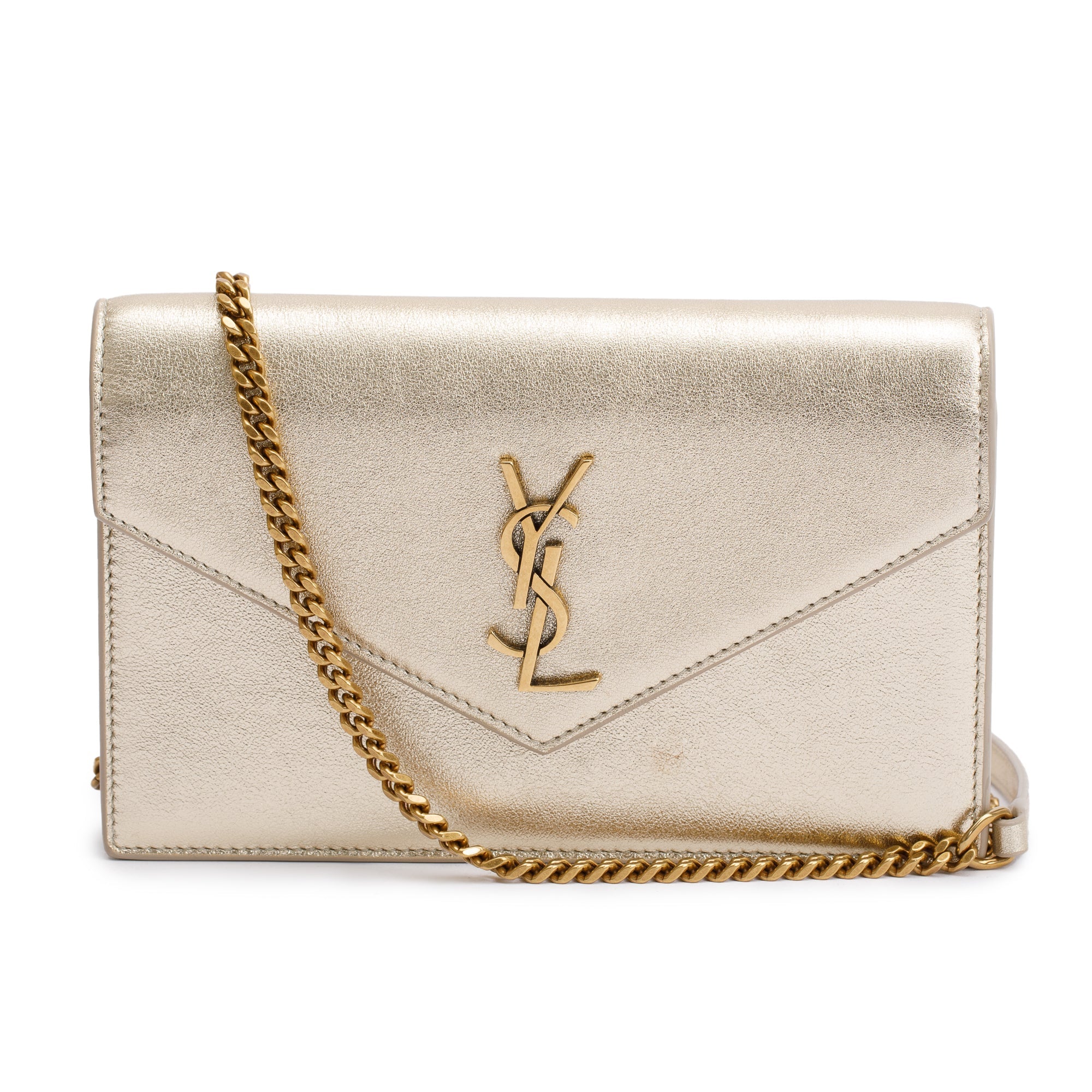 Saint Laurent Metallic Gold Leather Cassandre Envelope Chain Wallet