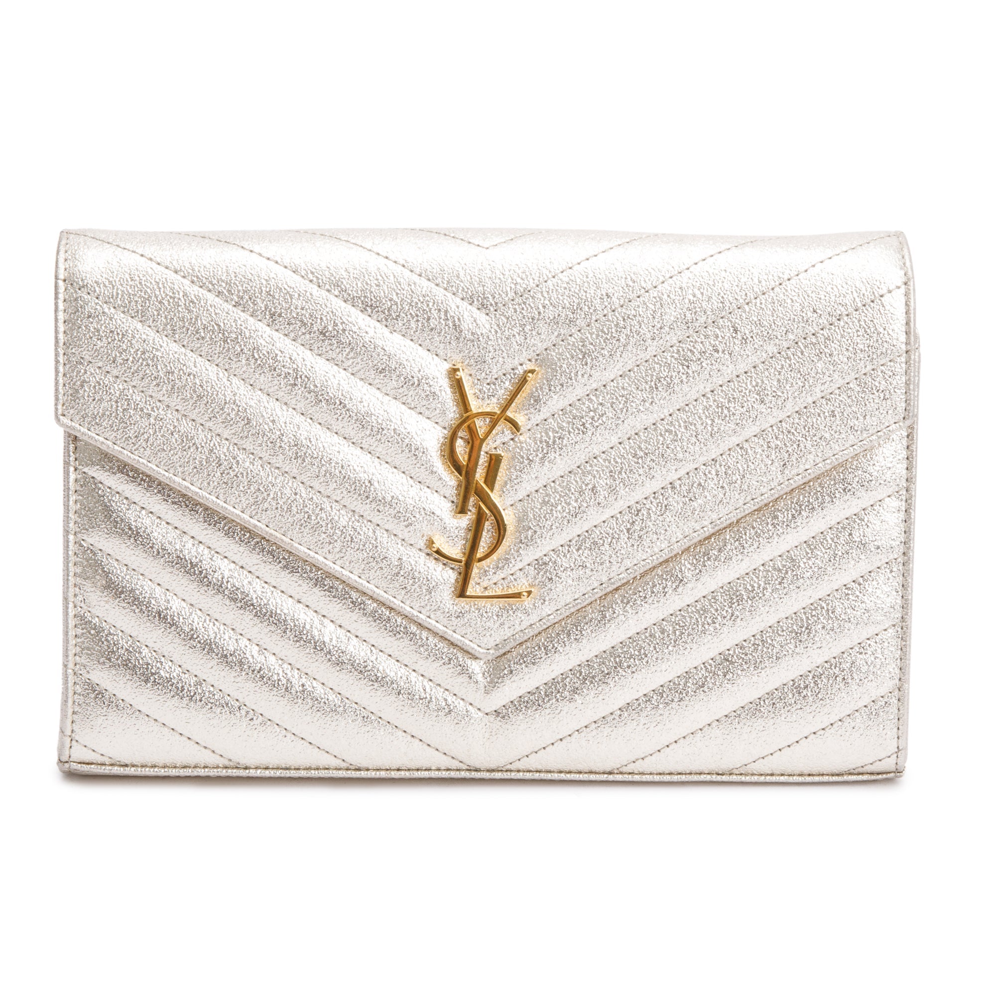 Saint Laurent Metallic Grain De Poudre Leather Cassandre Matelasse Chain Wallet w/ Box