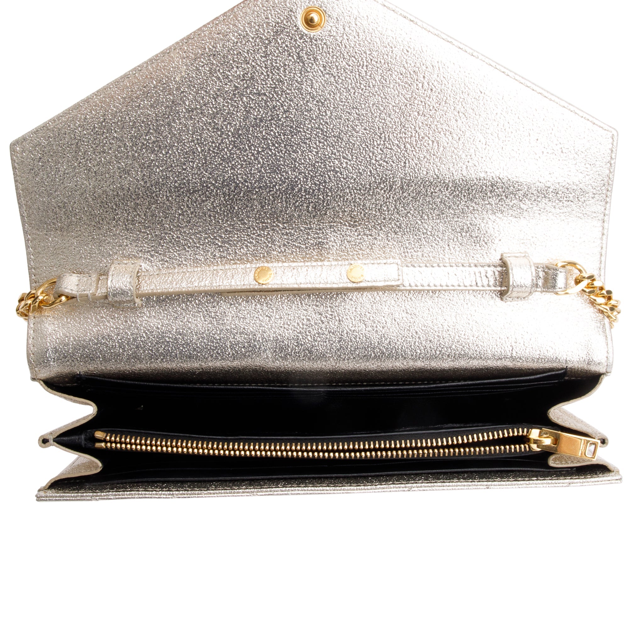 Saint Laurent Metallic Grain De Poudre Leather Cassandre Matelasse Chain Wallet w/ Box