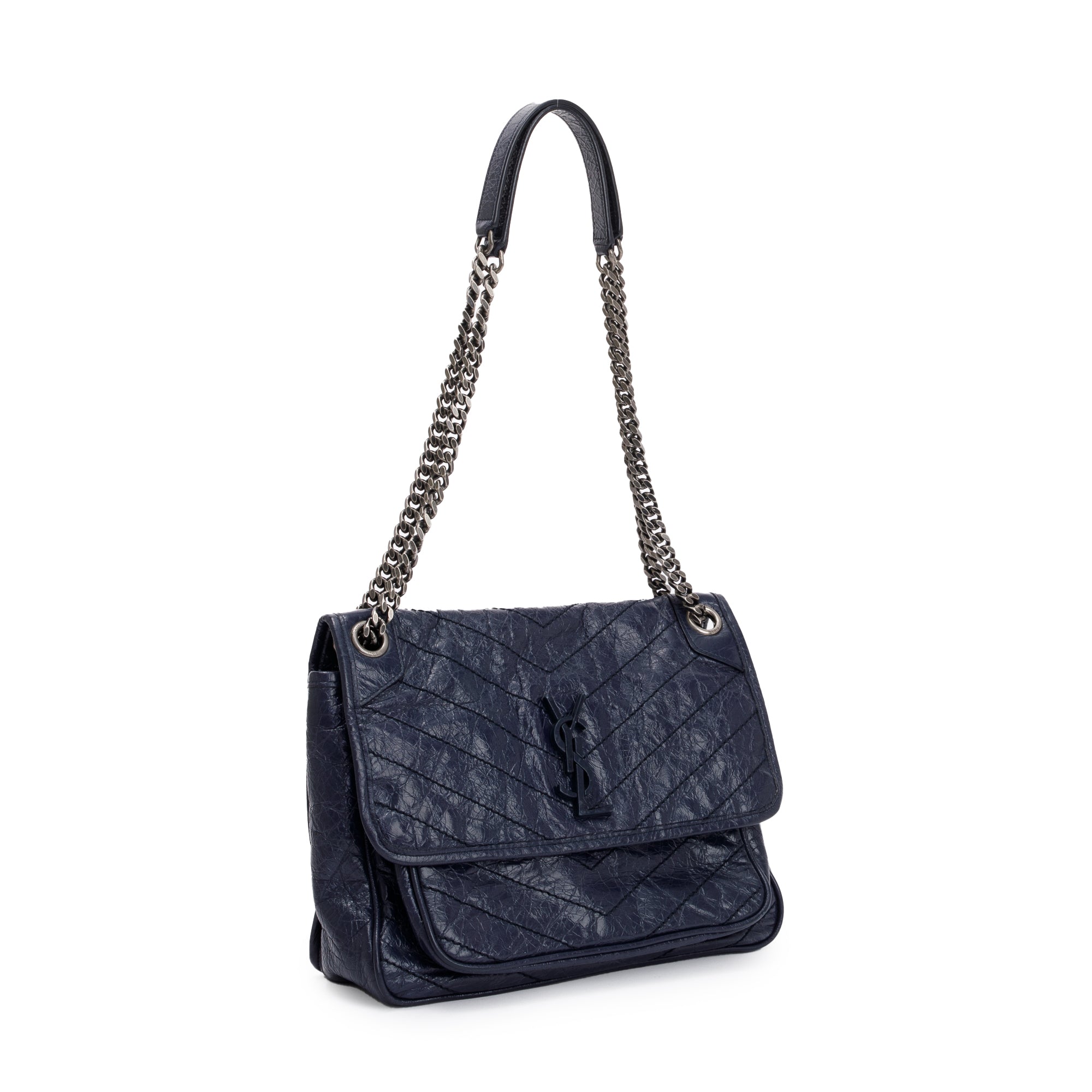 Saint Laurent Navy Crinkled Calfskin Leather Medium Niki Shoulder Bag