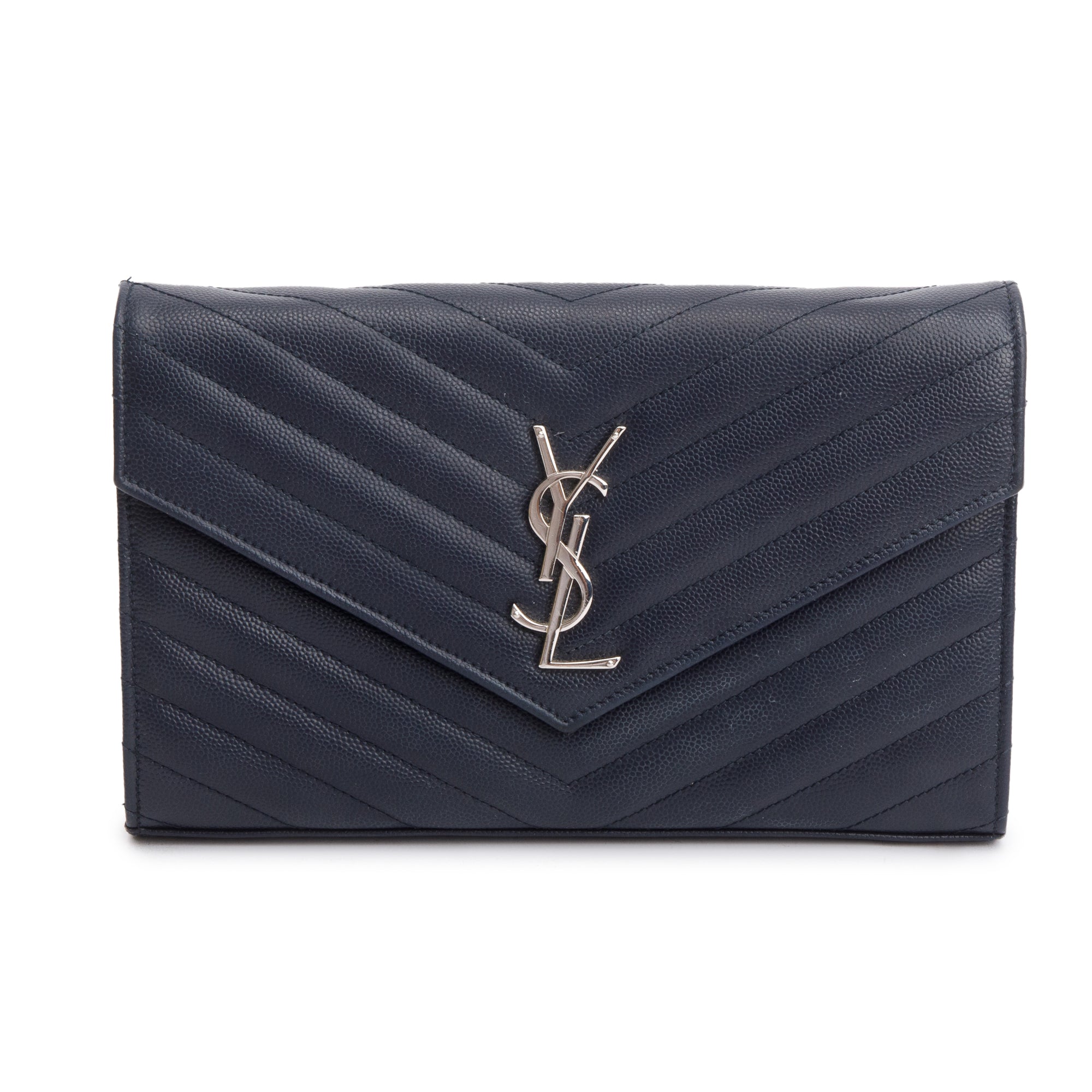 Saint Laurent Navy Grain De Poudre Leather Cassandre Envelope Chain Wallet w/ Box
