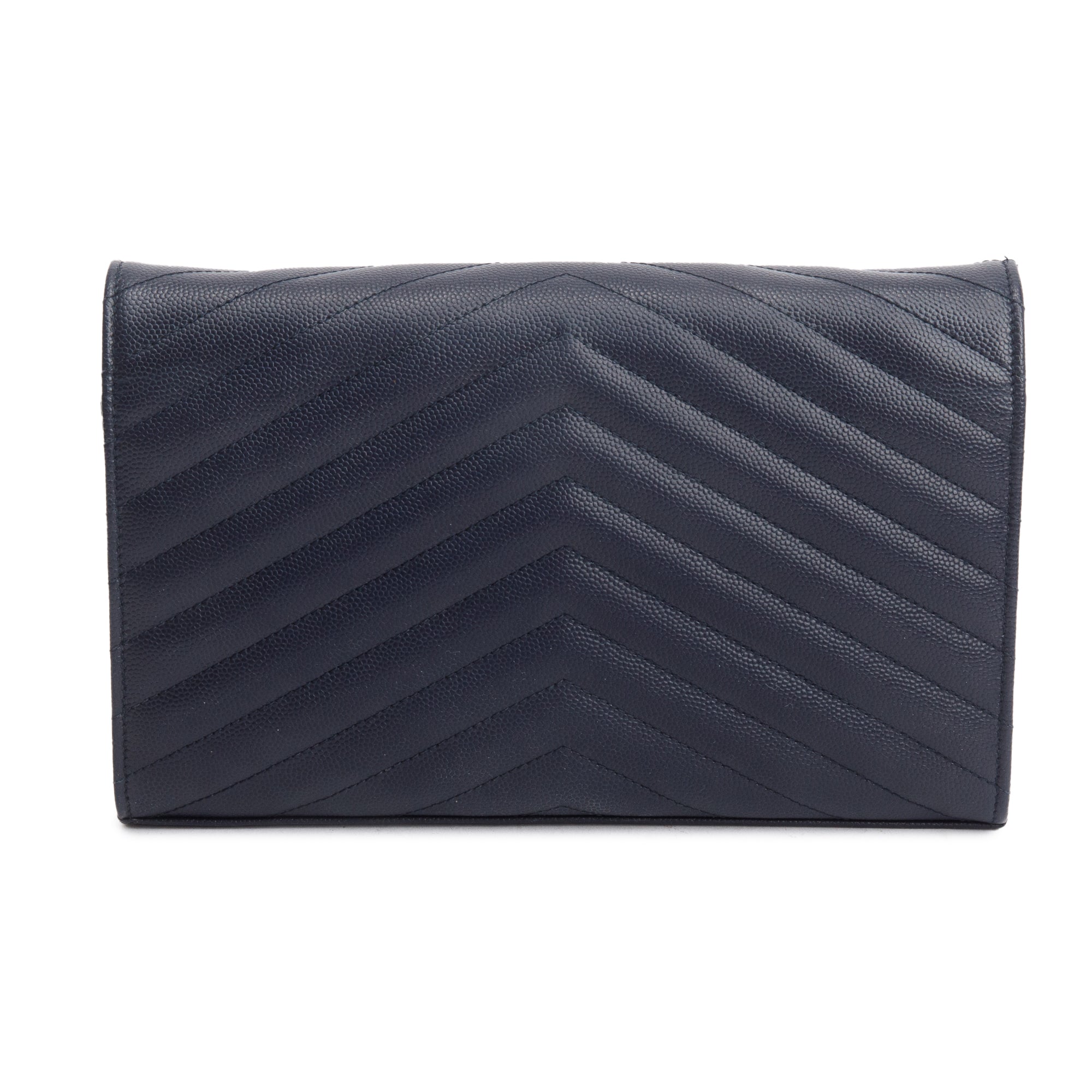Saint Laurent Navy Grain De Poudre Leather Cassandre Envelope Chain Wallet w/ Box