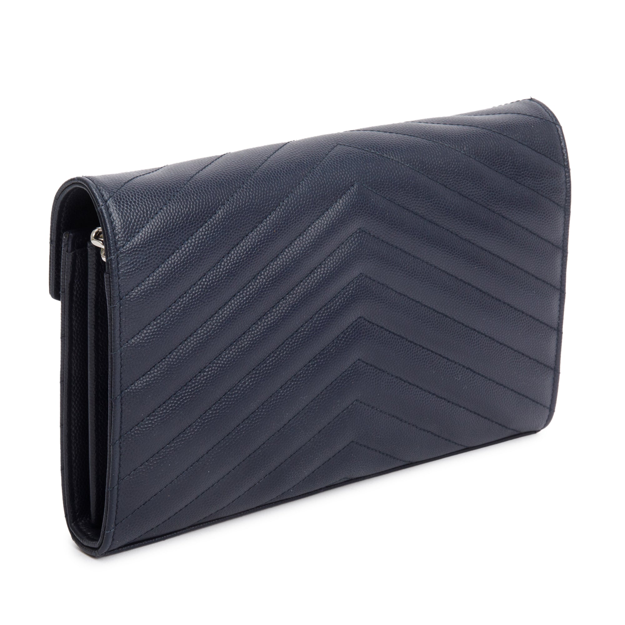 Saint Laurent Navy Grain De Poudre Leather Cassandre Envelope Chain Wallet w/ Box