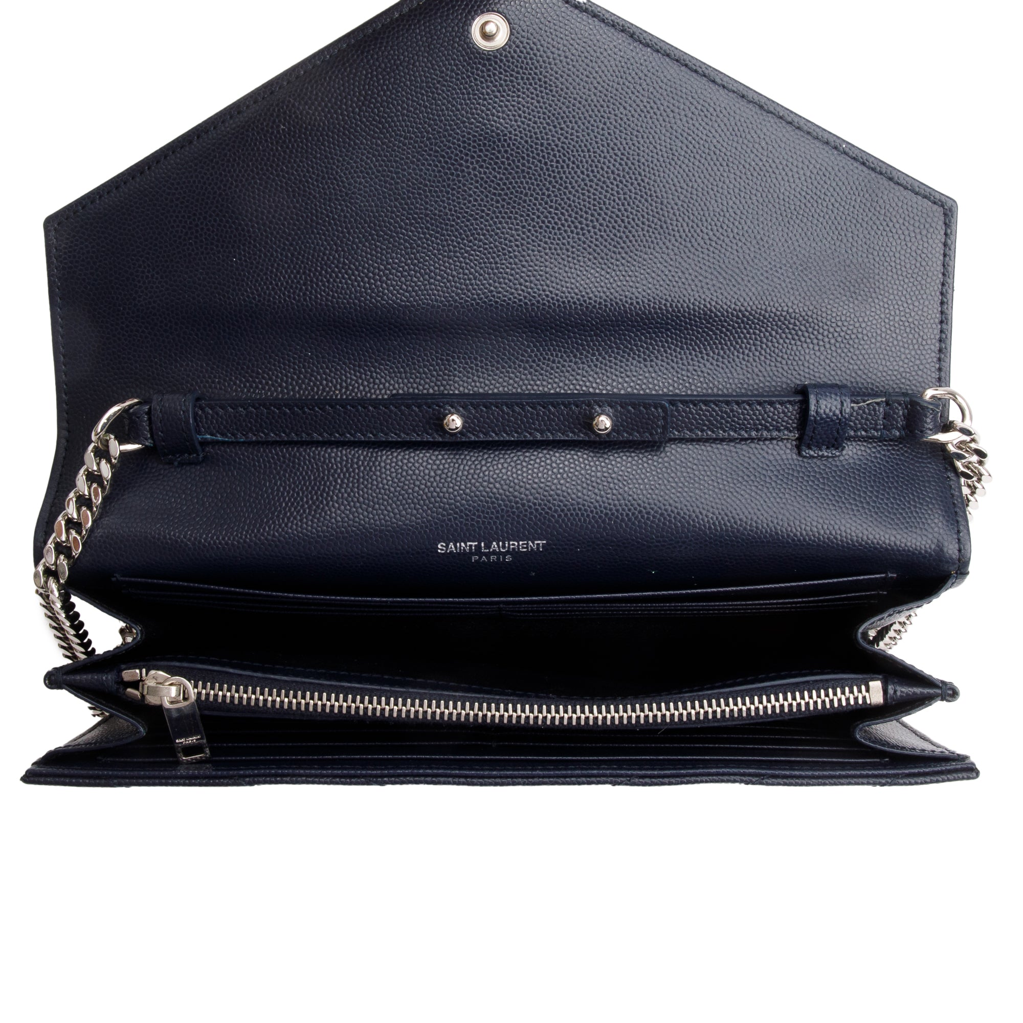 Saint Laurent Navy Grain De Poudre Leather Cassandre Envelope Chain Wallet w/ Box