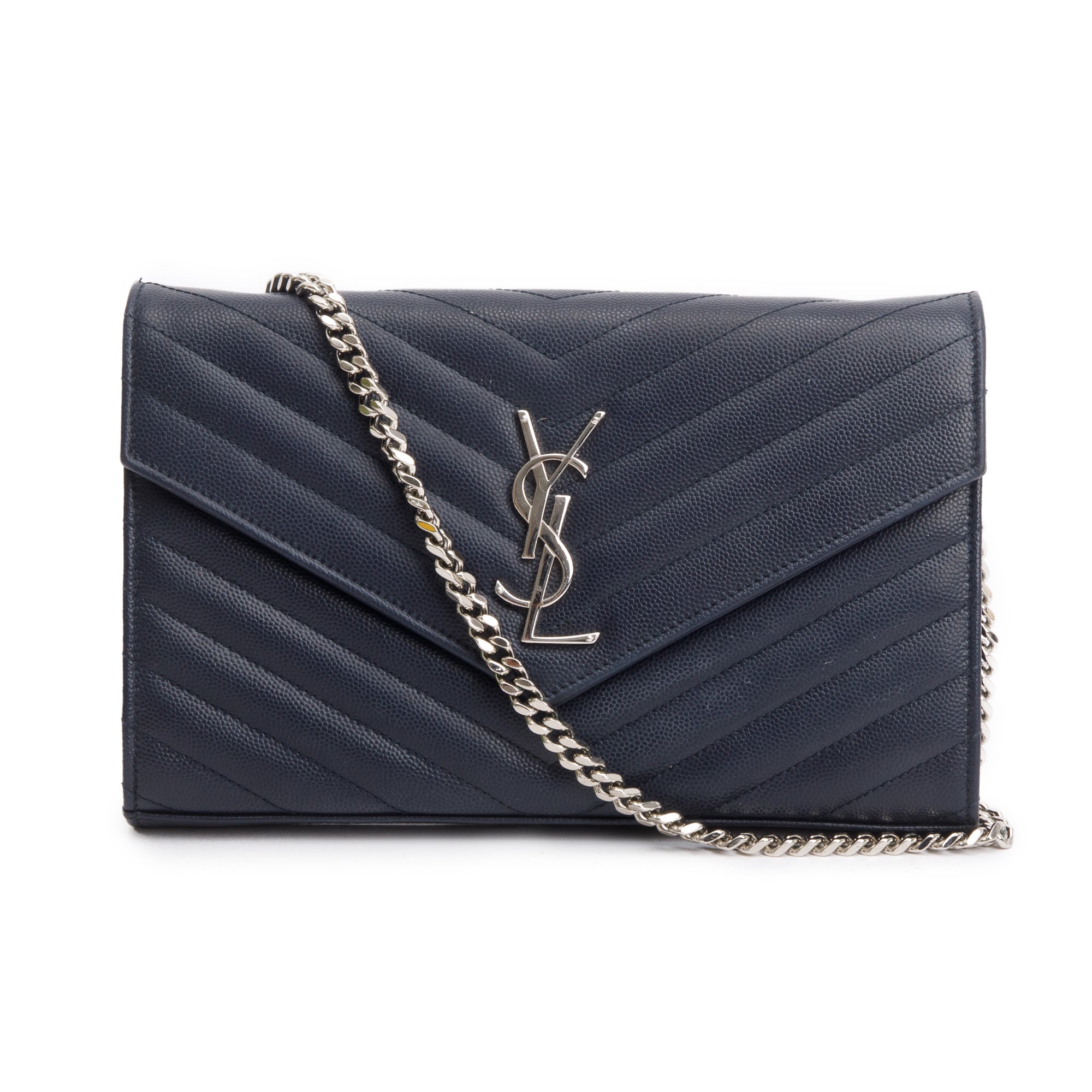 Saint Laurent Navy Grain De Poudre Leather Cassandre Envelope Chain Wallet w/ Box