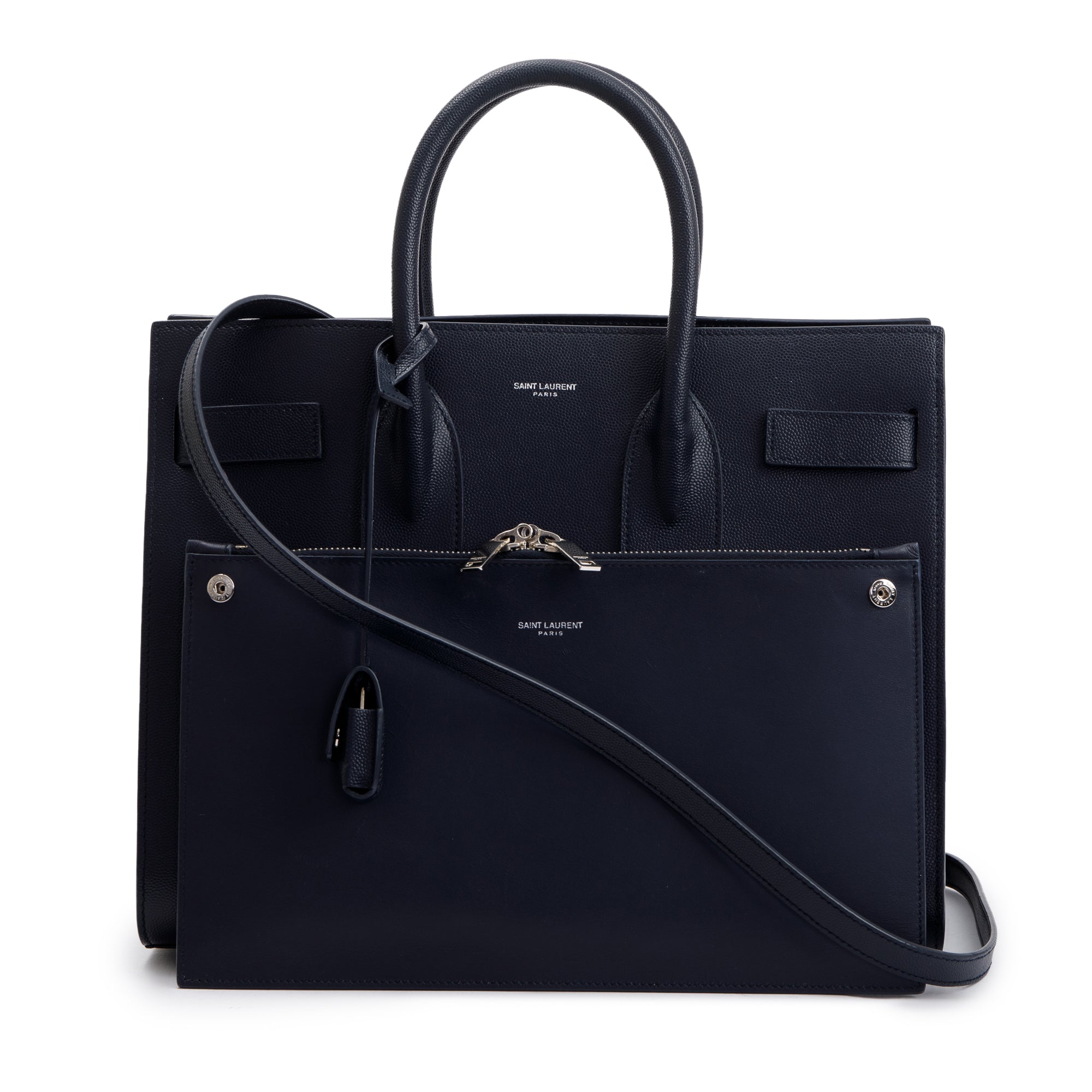 Saint Laurent Navy Grained Leather Small Sac De Jour w/ Strap & Pouch