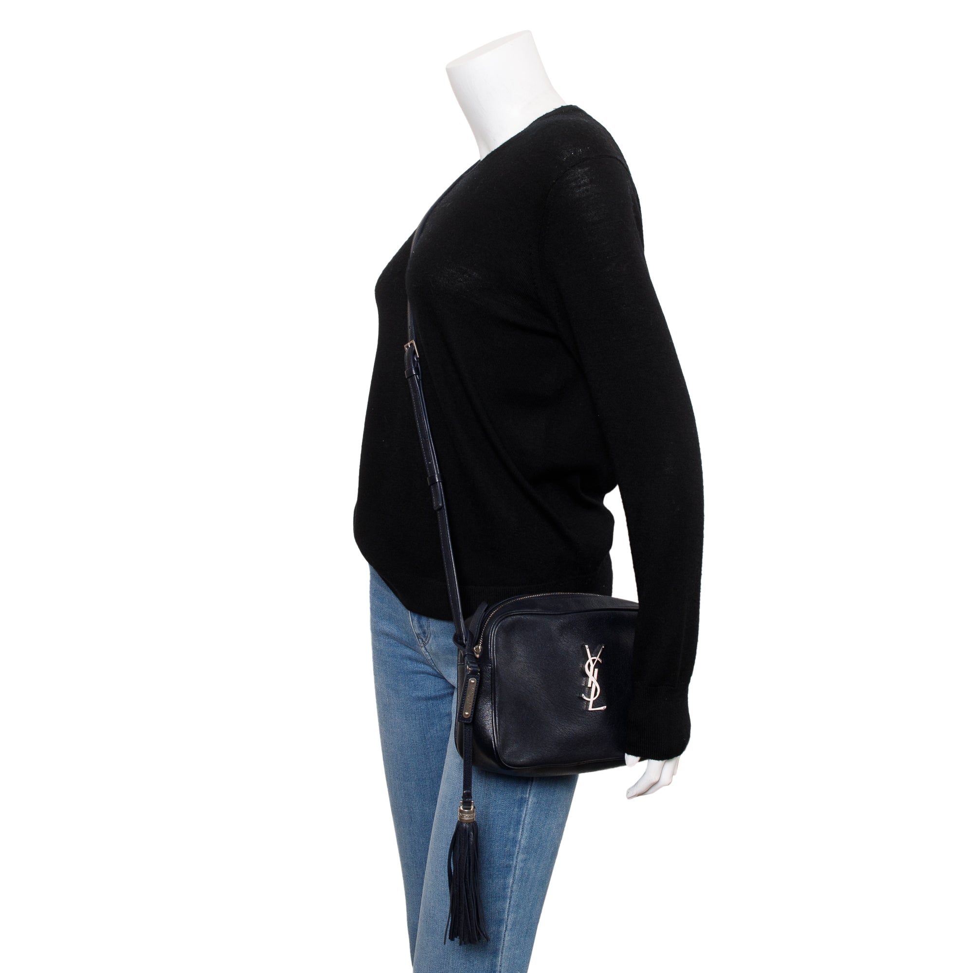 Saint Laurent Navy Monogram Leather Small Lou Camera Bag