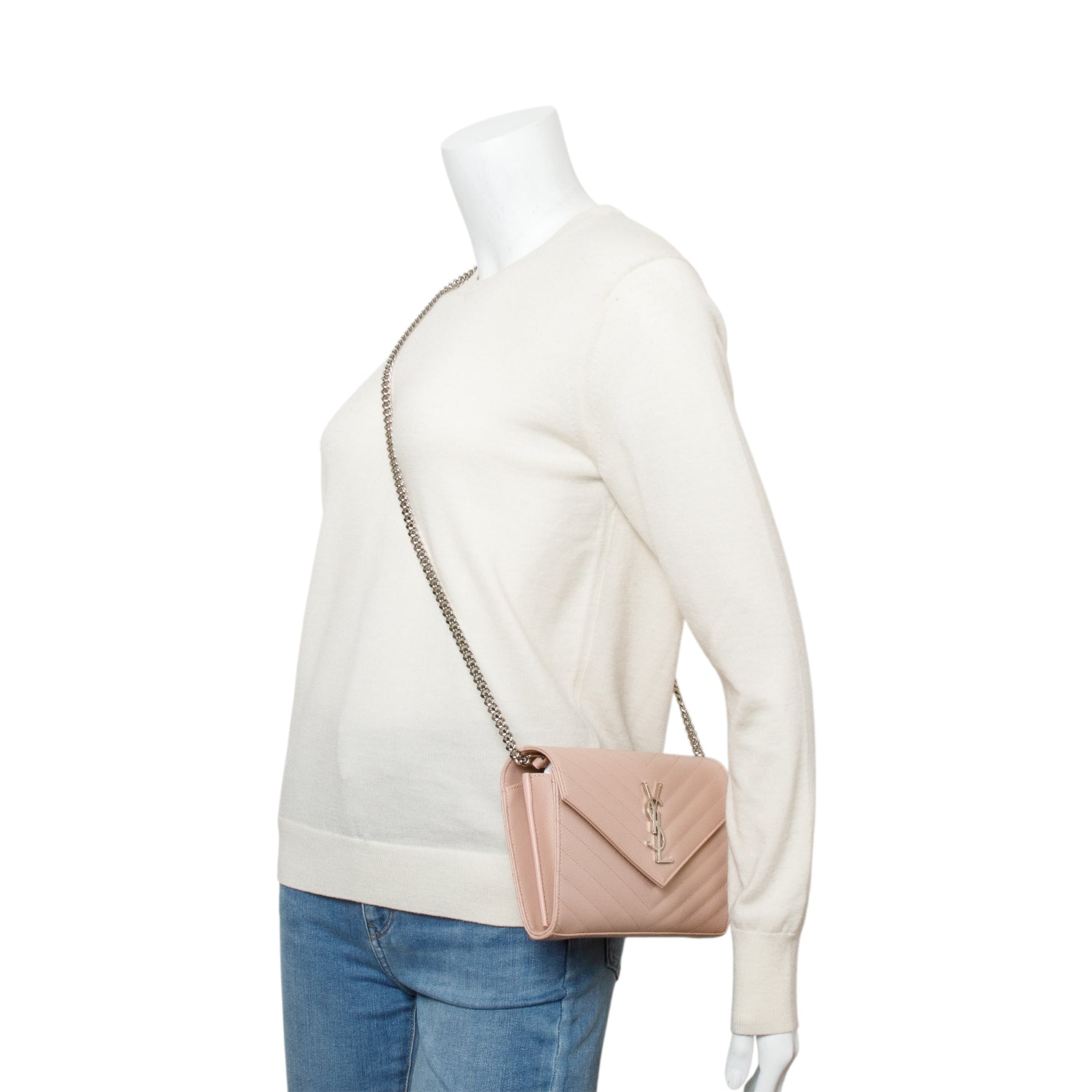 Saint Laurent Pink Grain De Poudre Leather Cassandre Envelope Chain Wallet w/ Box & Receipt