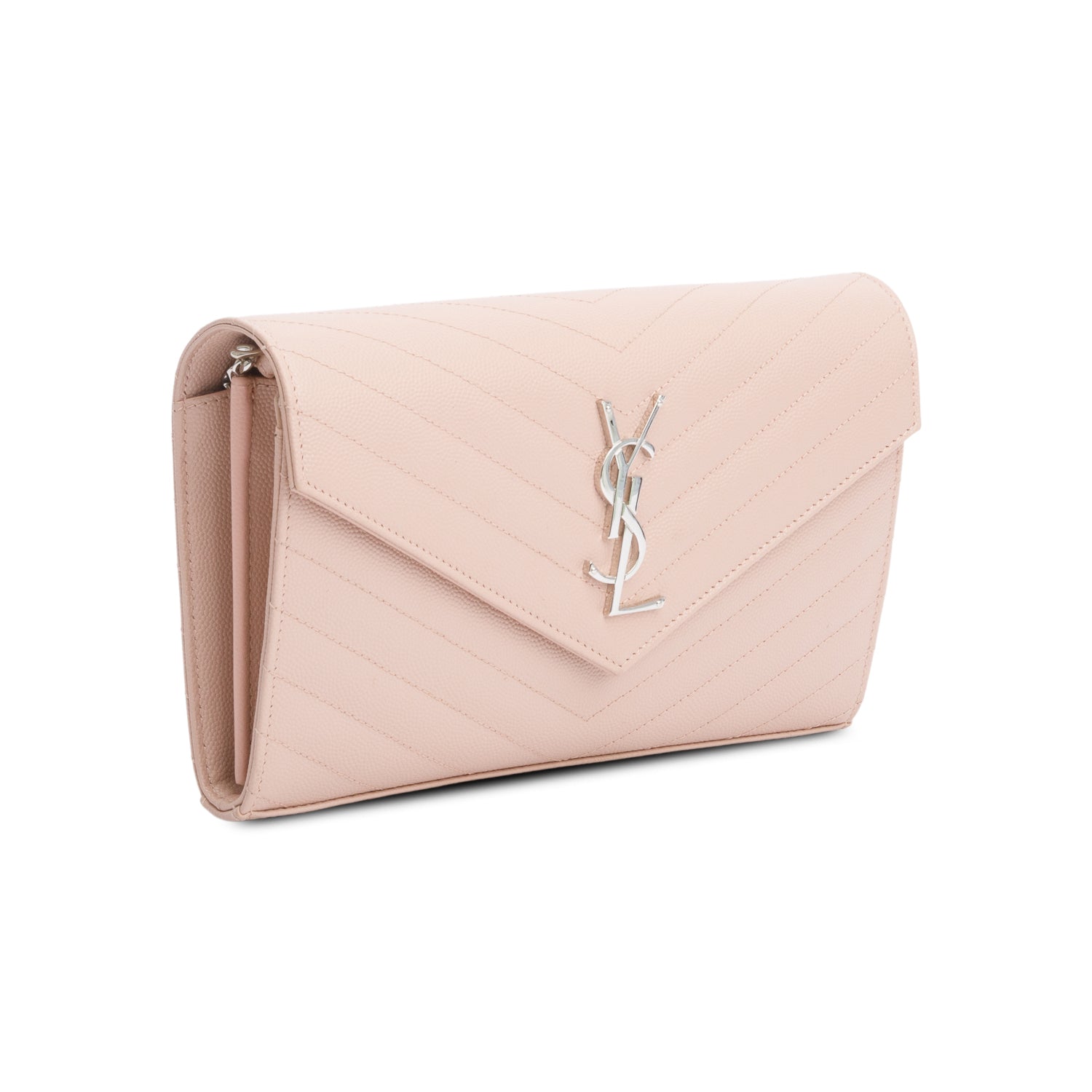 Saint Laurent Pink Grain De Poudre Leather Cassandre Envelope Chain Wallet w/ Box & Receipt