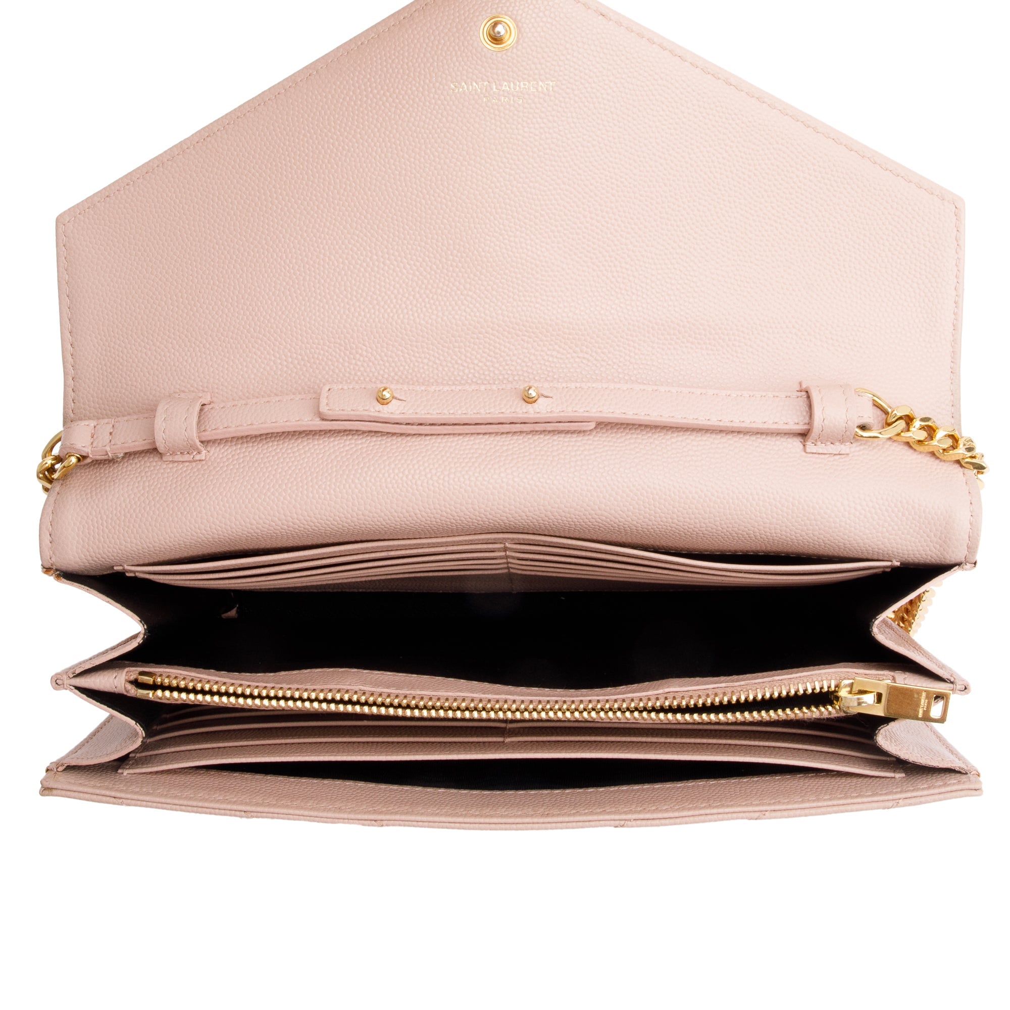 Saint Laurent Pink Grain De Poudre Leather Cassandre Matelasse Chain Wallet w/ Box