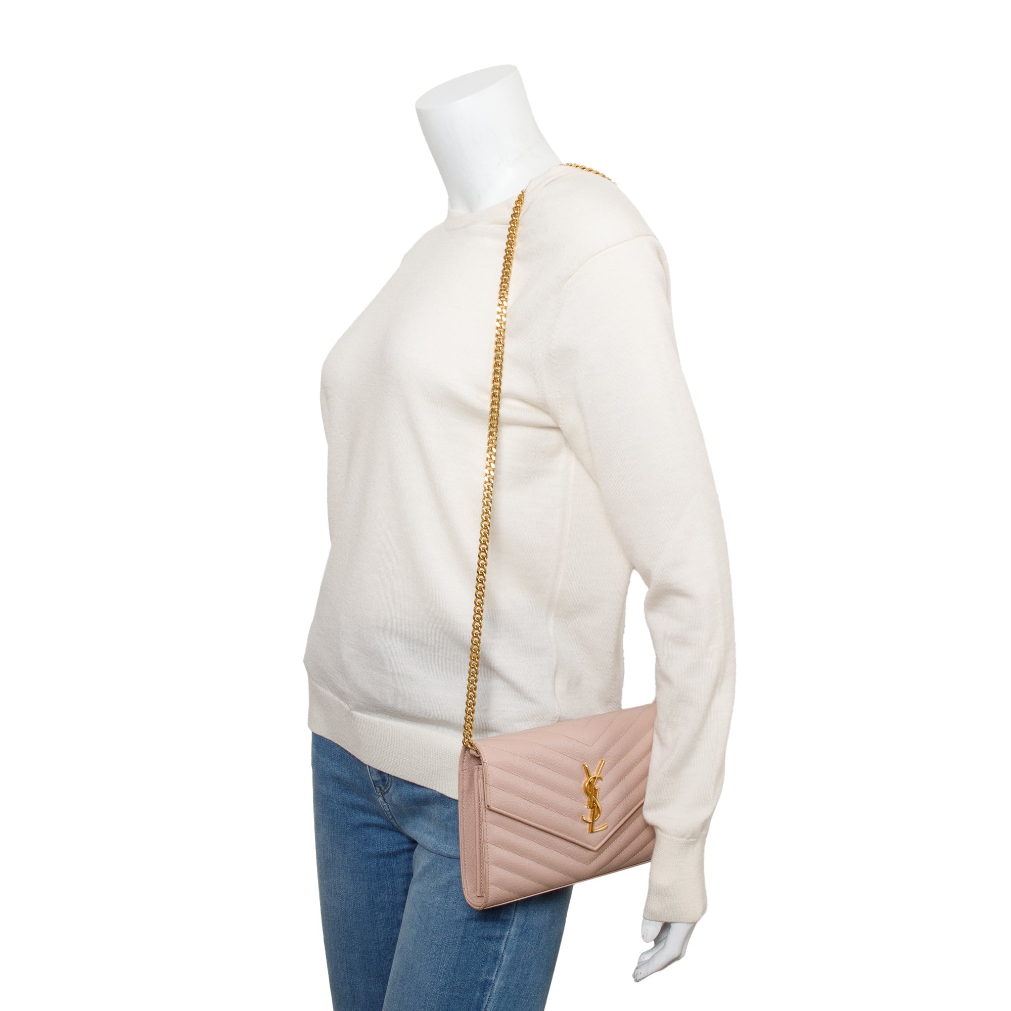 Saint Laurent Pink Grain De Poudre Leather Cassandre Matelasse Chain Wallet w/ Box