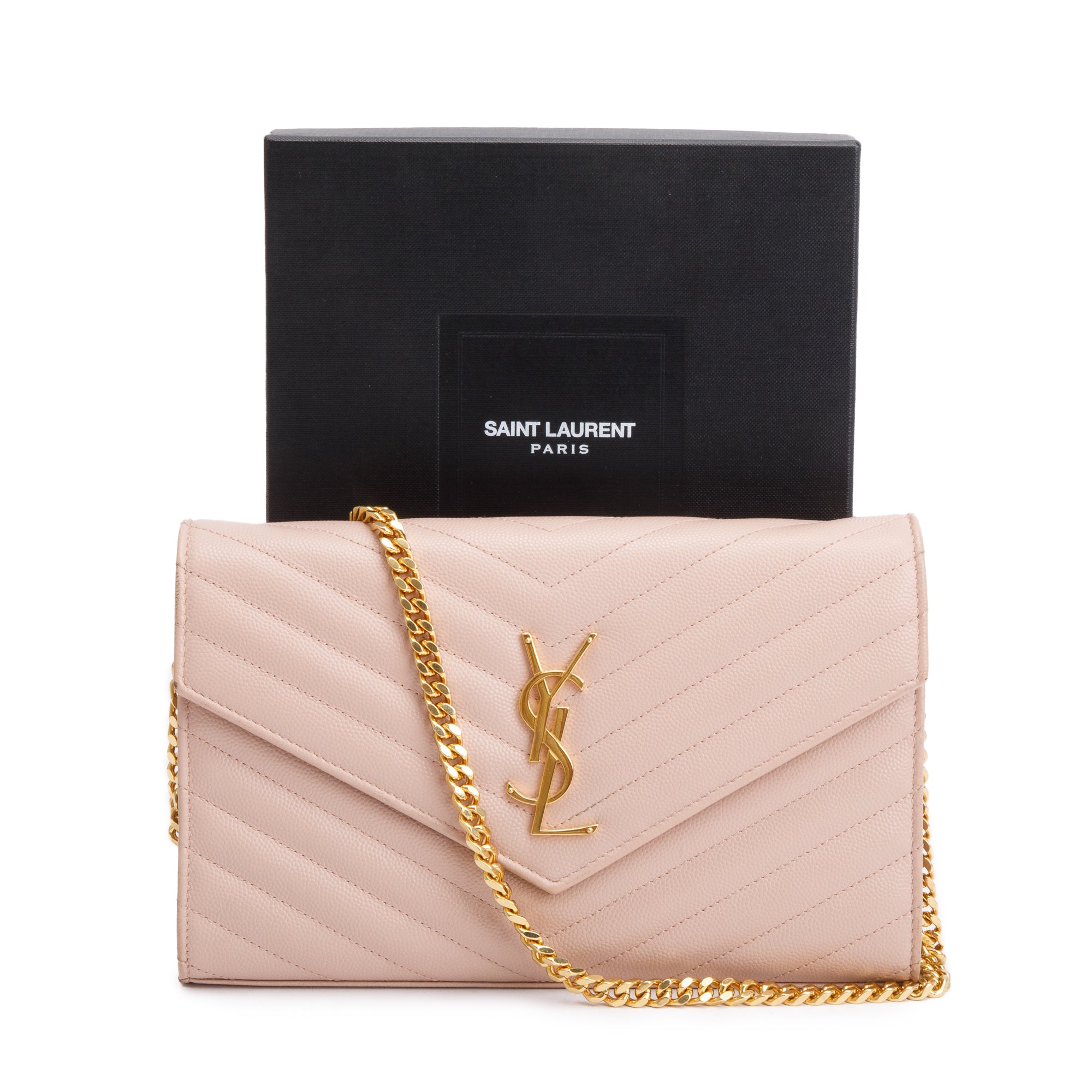 Saint Laurent Pink Grain De Poudre Leather Cassandre Matelasse Chain Wallet w/ Box