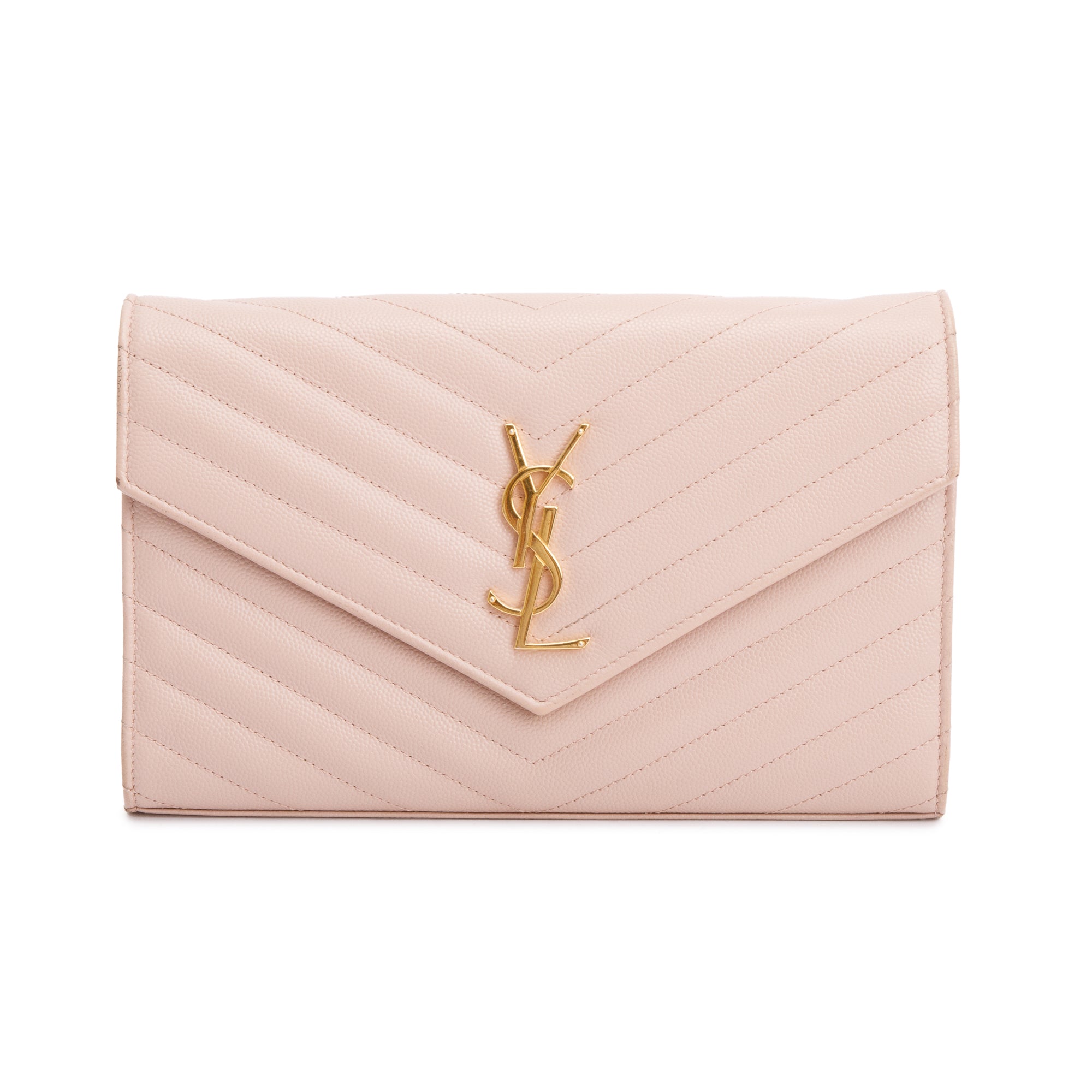 Saint Laurent Pink Grain De Poudre Leather Cassandre Matelasse Chain Wallet w/ Box