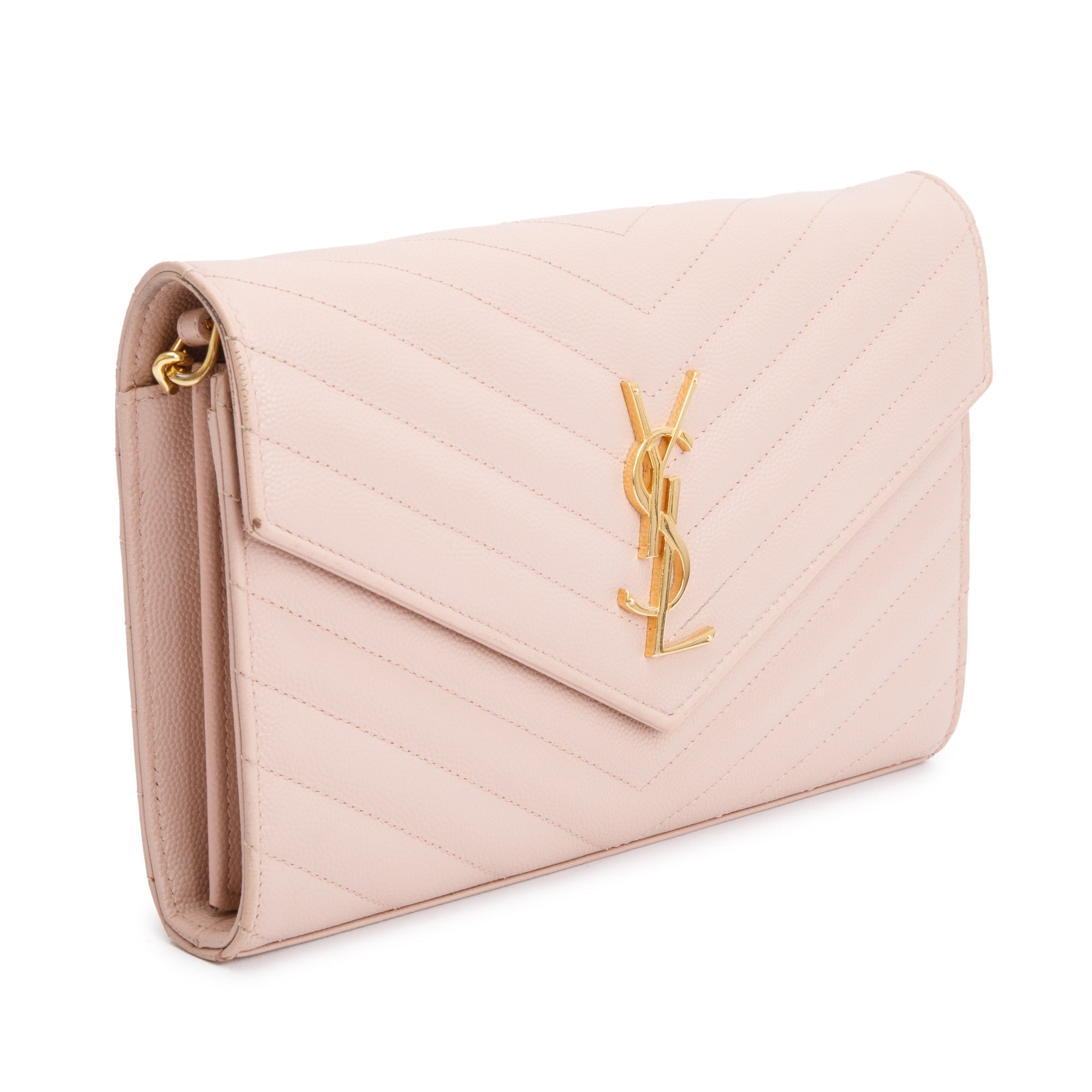 Saint Laurent Pink Grain De Poudre Leather Cassandre Matelasse Chain Wallet w/ Box